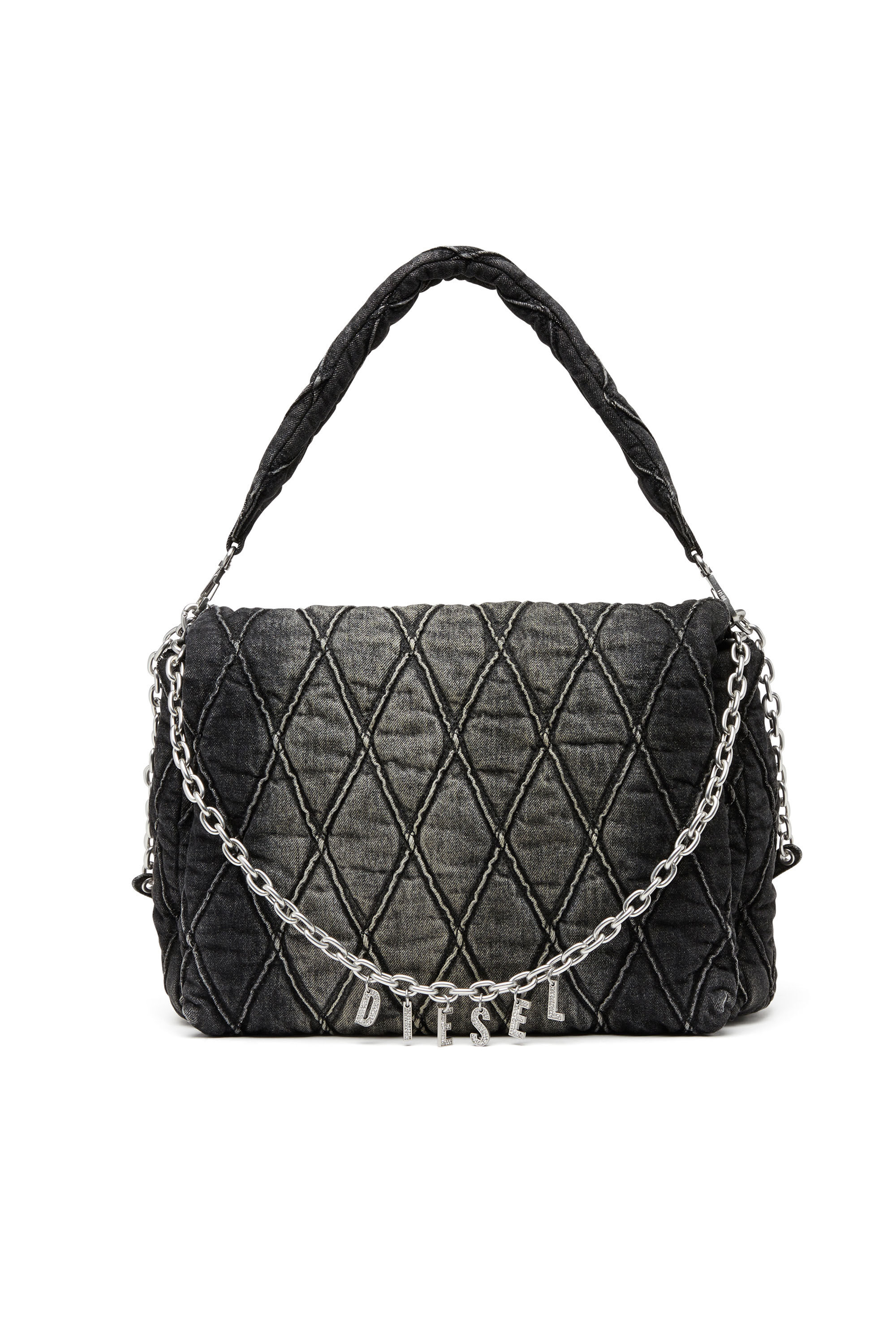 Women's Charm-D Shoulder L bag in quilted Denim | Black | Diesel