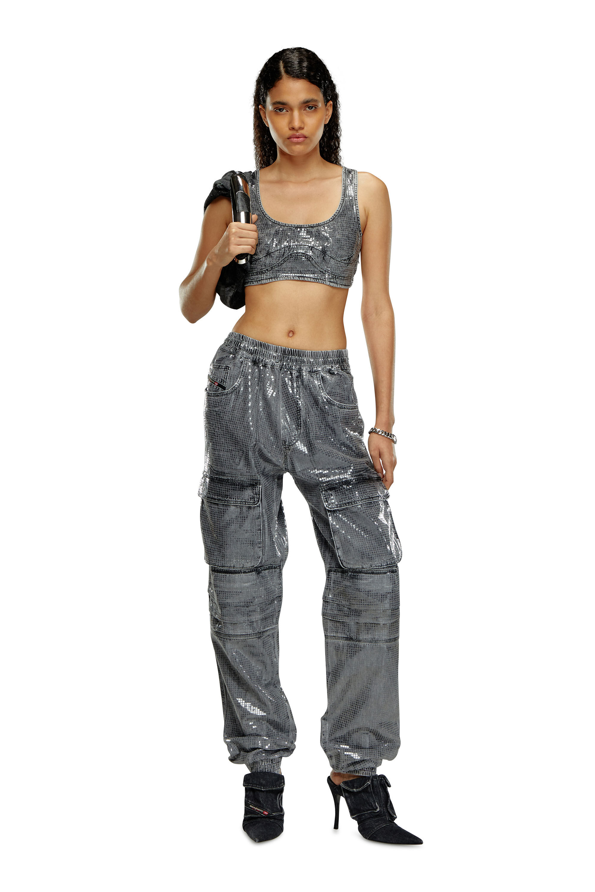 Women's Crop top in sequin Denim | Black | Diesel Denim Set