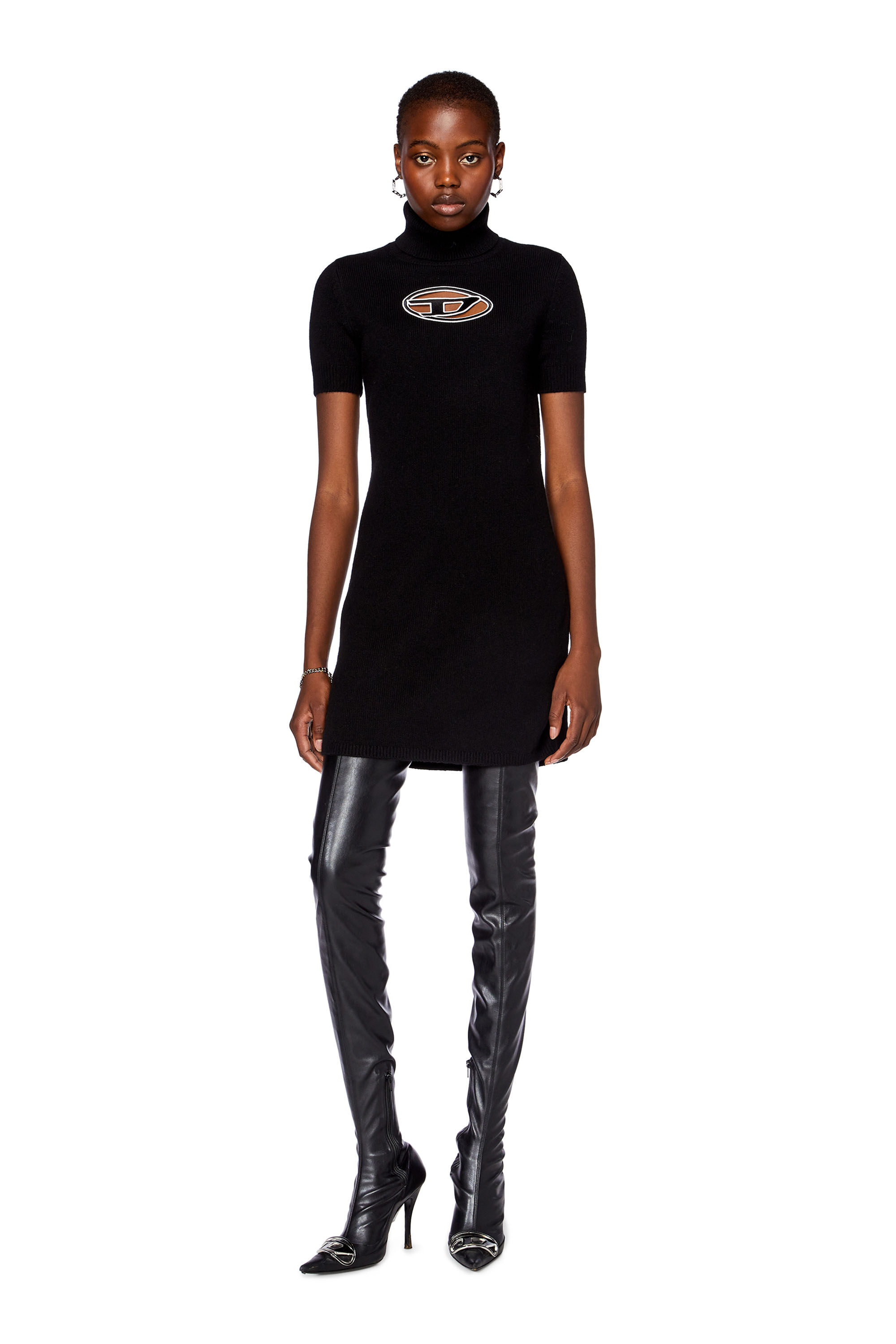 Women's Roll-neck dress with oval D plaque | Black | Diesel Women's Roll-neck dress with oval D plaque | Black | Diesel