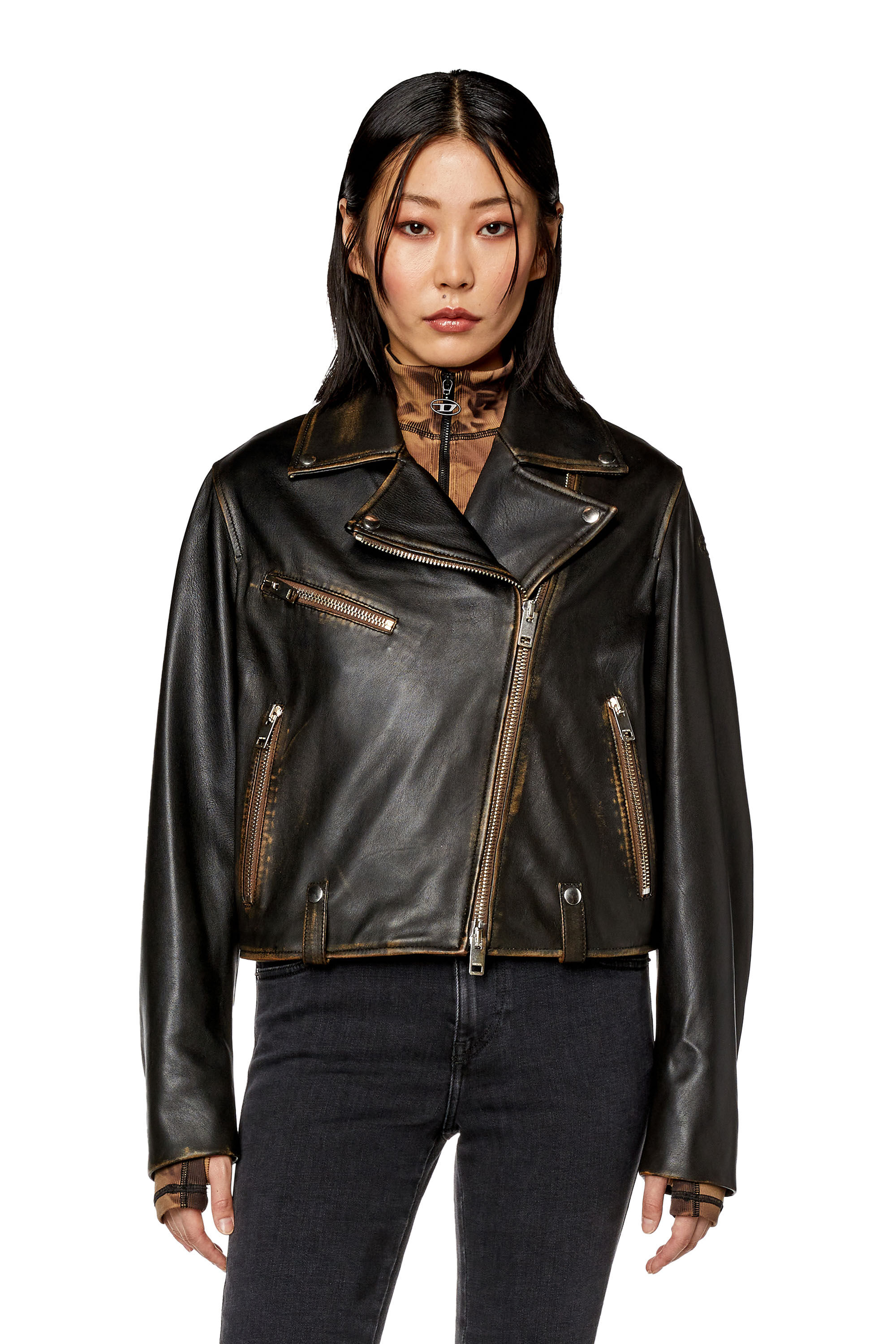 Women's Biker jacket in tumbled leather | Black | Diesel