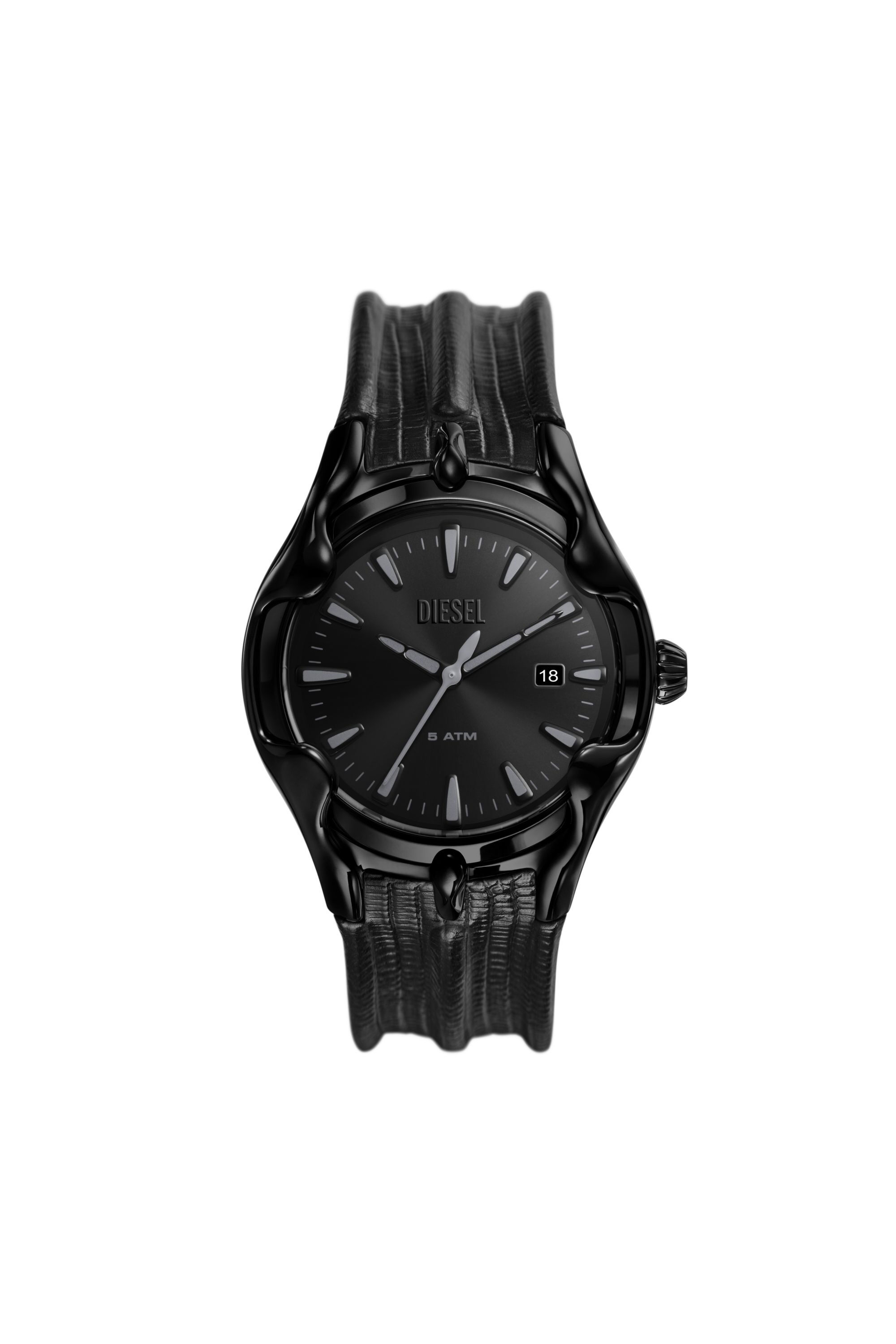 Men s Vert three hand date black leather watch Black Diesel