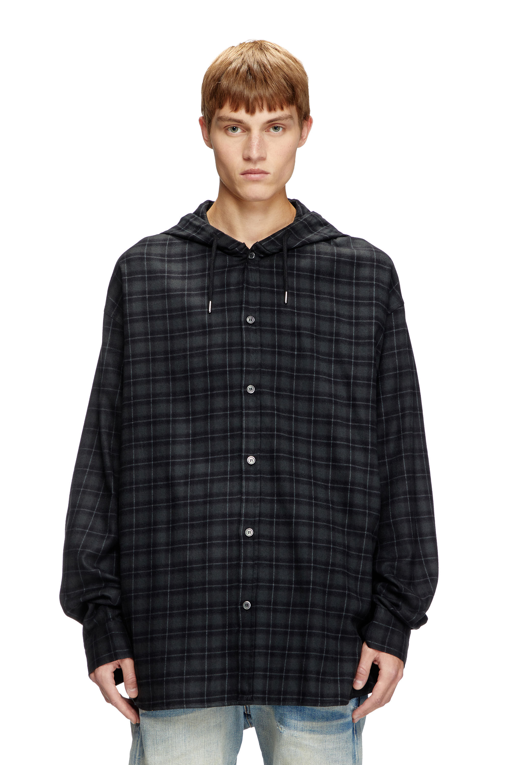 Men's Hooded shirt in check flannel | Black | Diesel