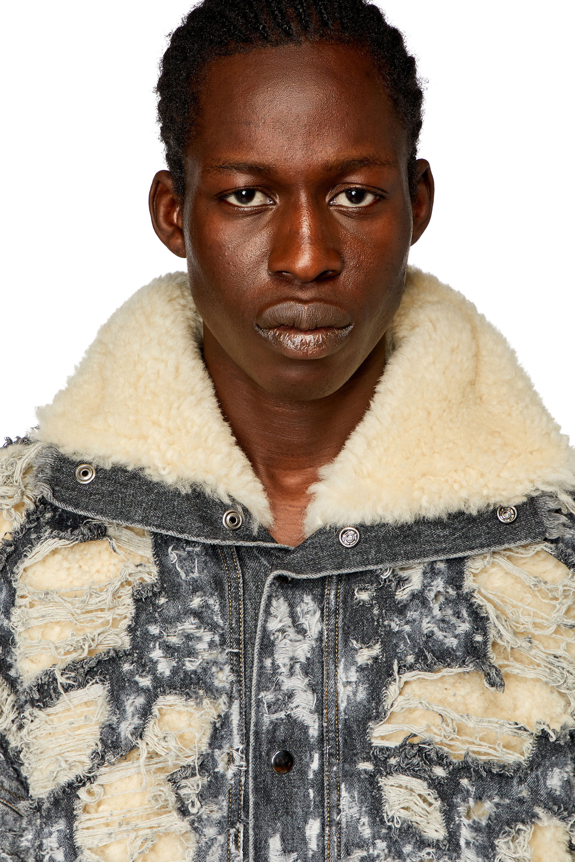 Diesel - L-CEE, Man's Distressed denim and shearling coat in Black - 3