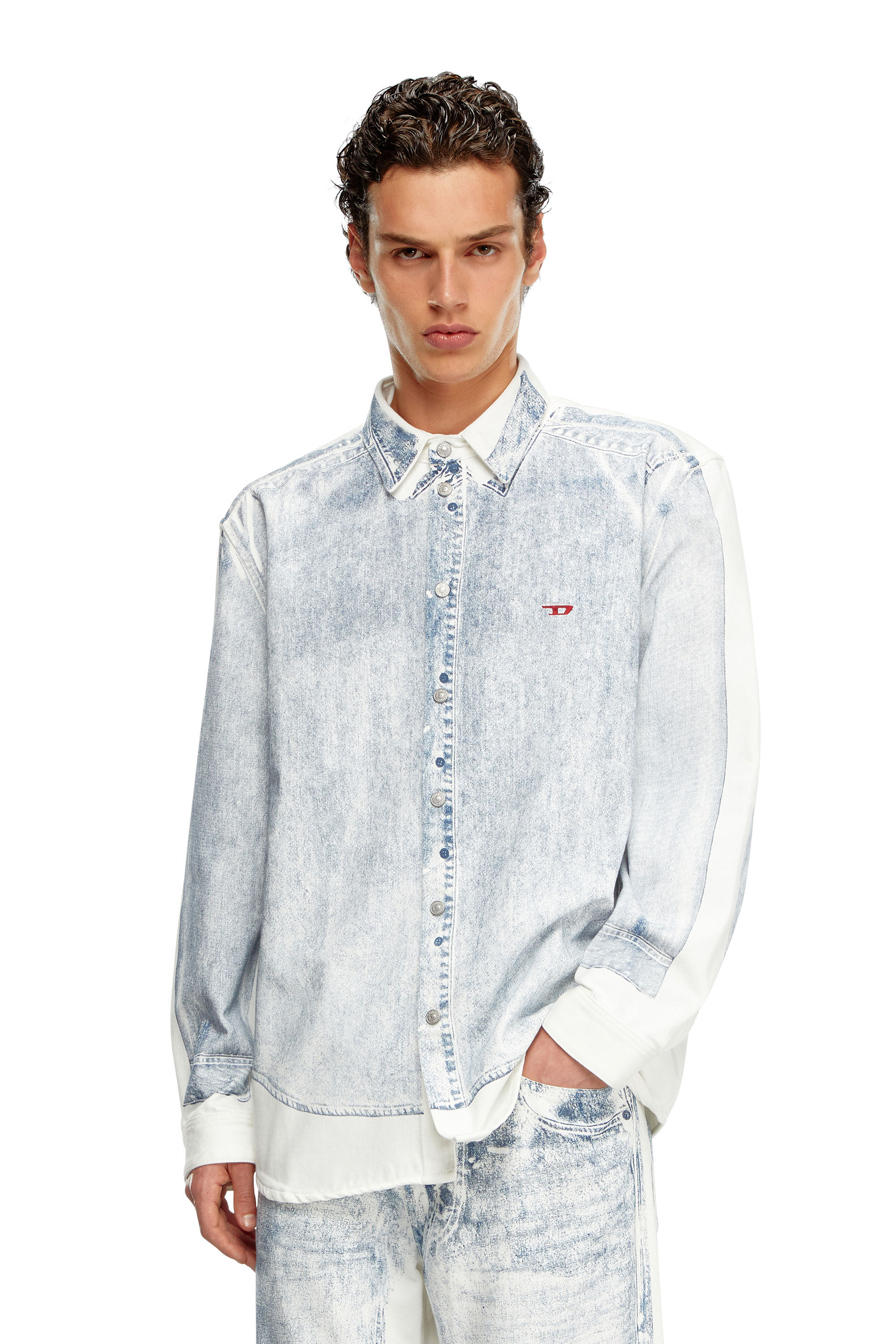 Men's Denim shirt with trompe l'oeil print | Multicolor | Diesel