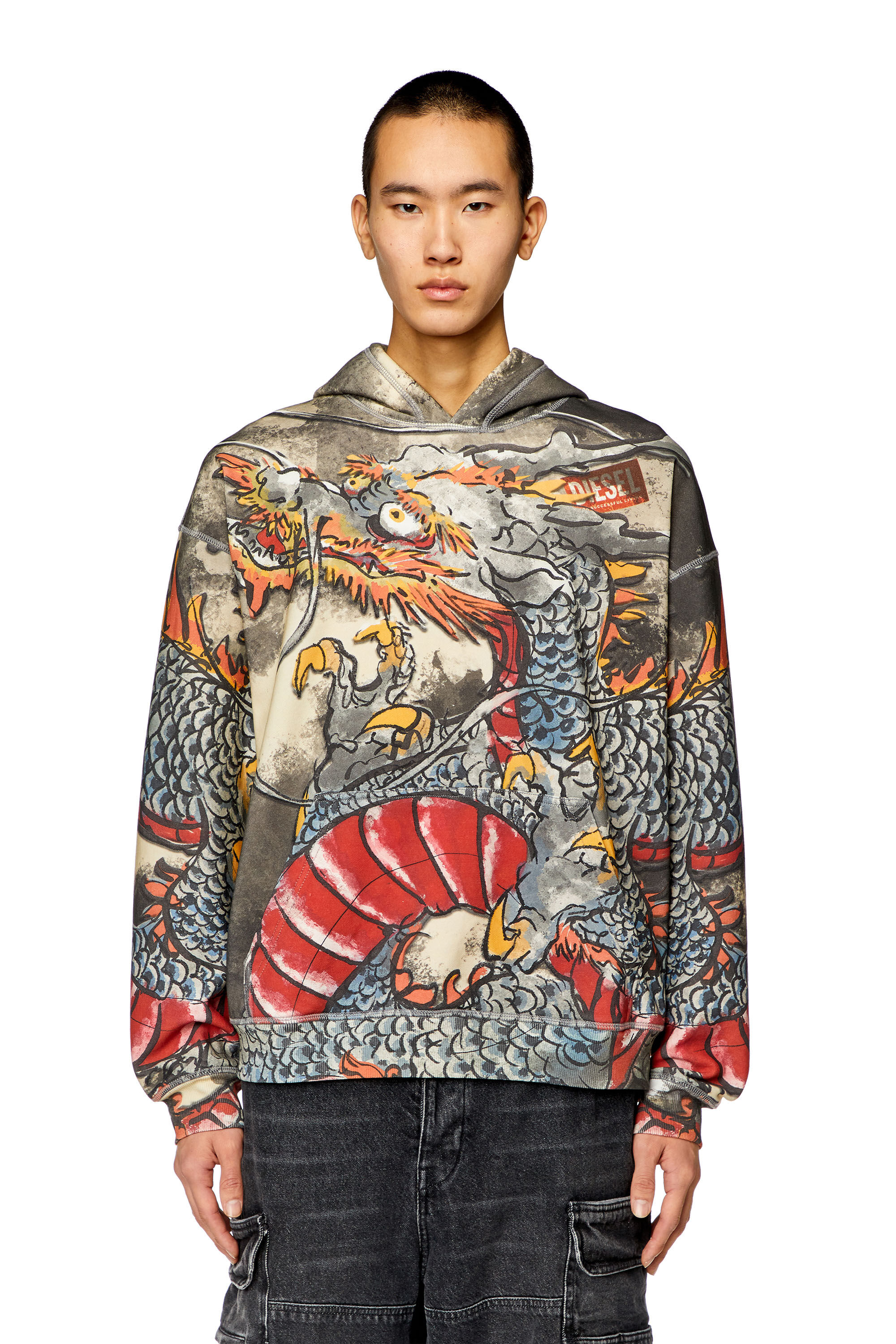 Diesel - CL-S-BOXT-HOOD-DRAGON, Unisex's Hoodie with Dragon print in Black/Grey - 6