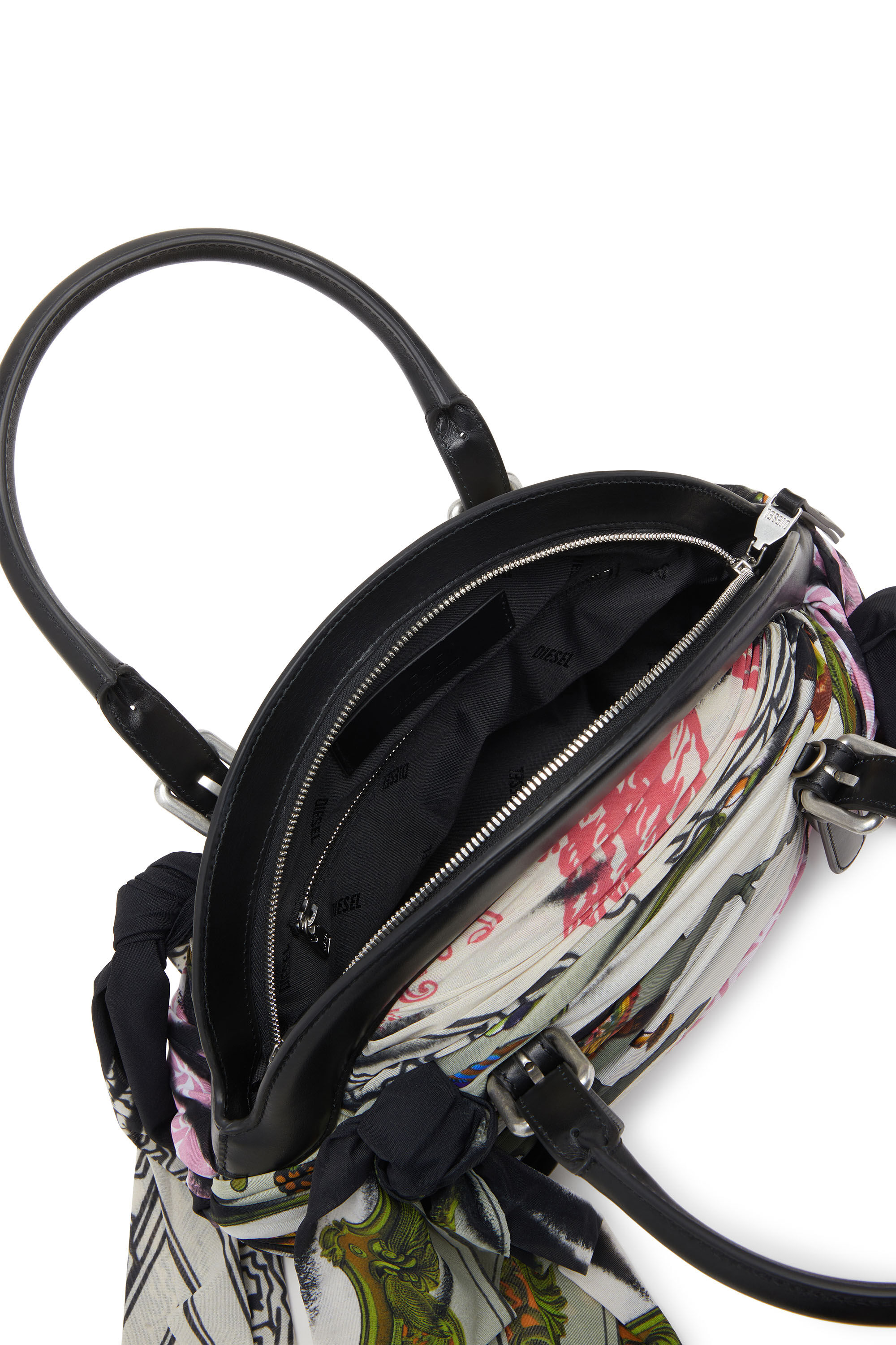 Diesel - TRASH-D TOP HANDLE, Trash-D-Bolso de mano de bandana en cuero y tejido de jersey Mujer in Multicolor - 2