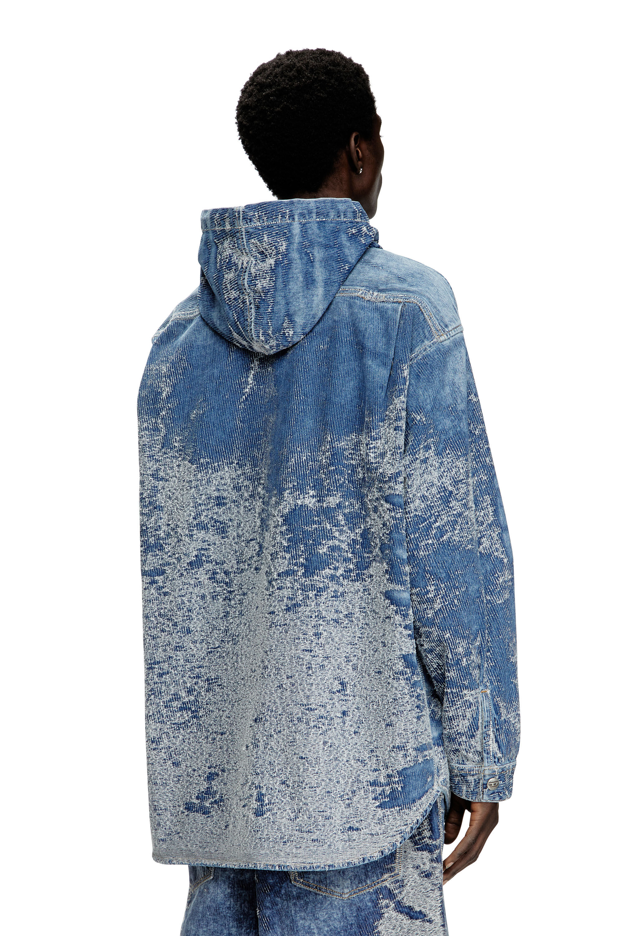 Diesel - D-DEWNYS-HOOD-S, Man's Overshirt in distressed jacquard denim in Medium blue - 5