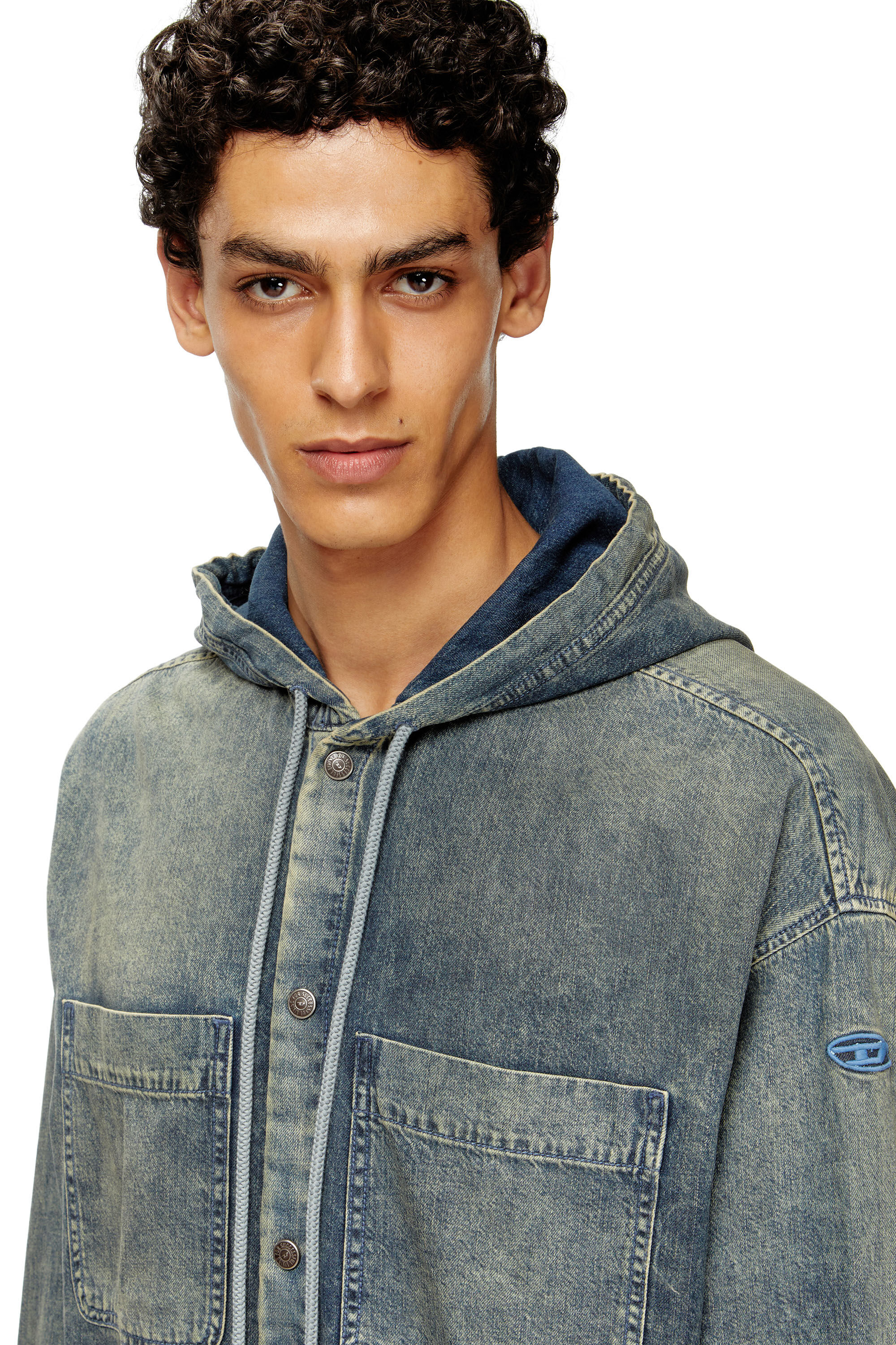 Diesel - D-DEWNY-HOOD-S2, Man's Overshirt in marbled coated denim in Medium blue - 4