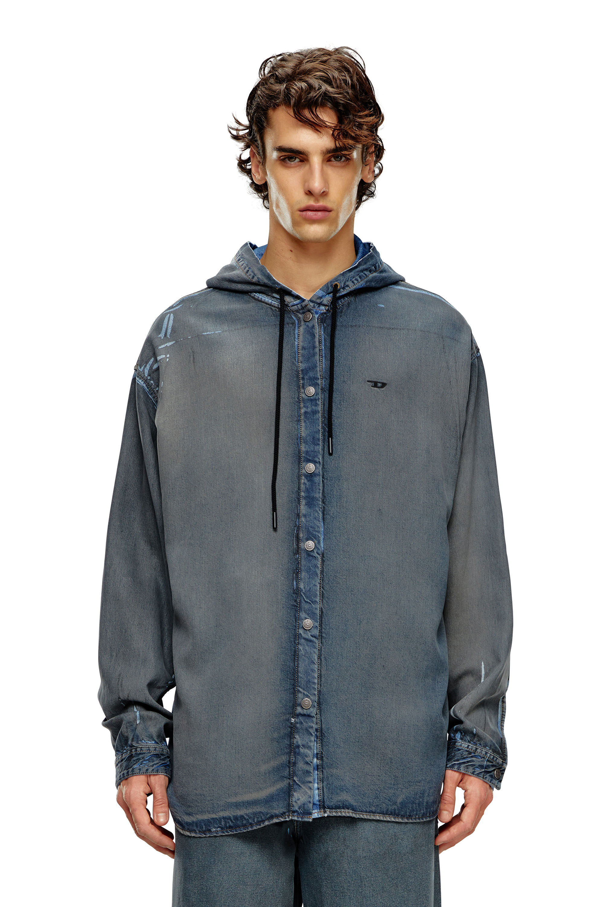 最前線の Men's Hybrid shirt in worn-effect coated denim | Blue | Diesel トップス