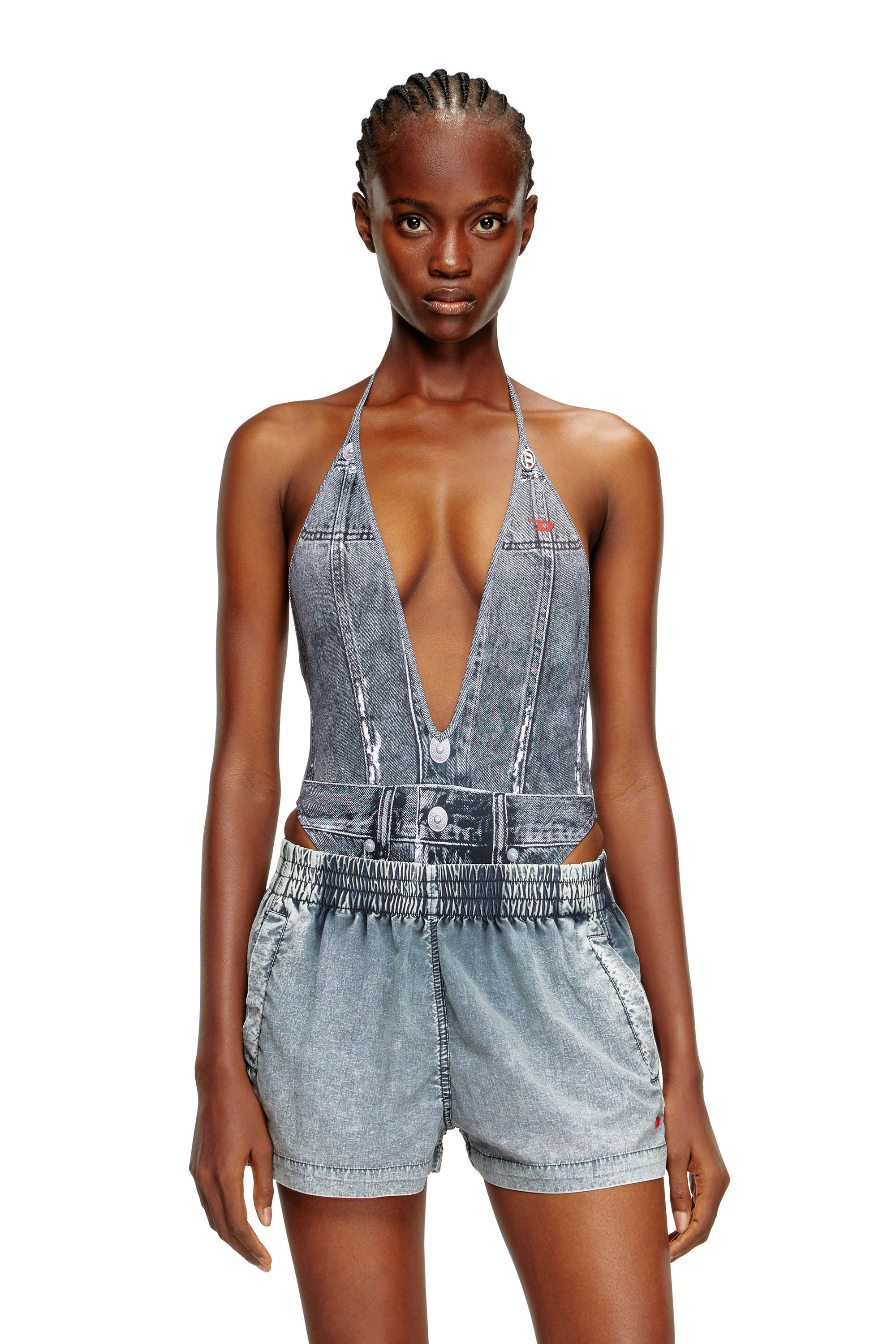 Diesel - KINSLEY-DNM, Woman's Plunging swimsuit with denim trompe l'oeil in Blue - 4