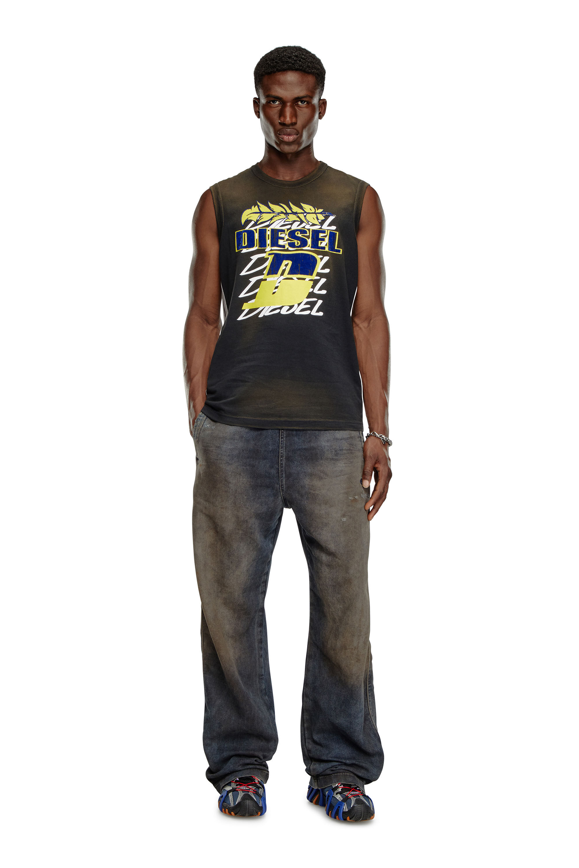 Diesel - T-BISCO-STRIPE, Man's Sun-faded tank top with side bands in Black - 1