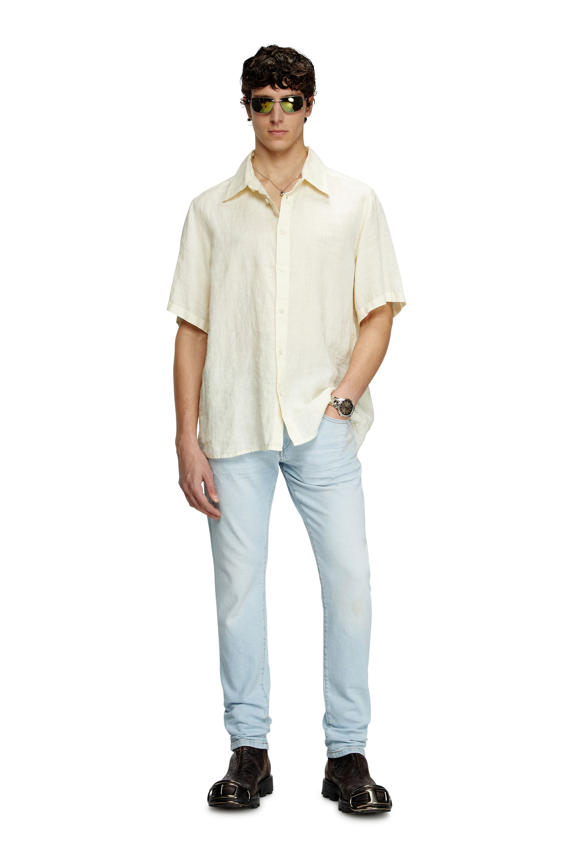 Diesel - S-UCCLE-A, Man's Short-sleeve linen shirt with logo collar in White - 1