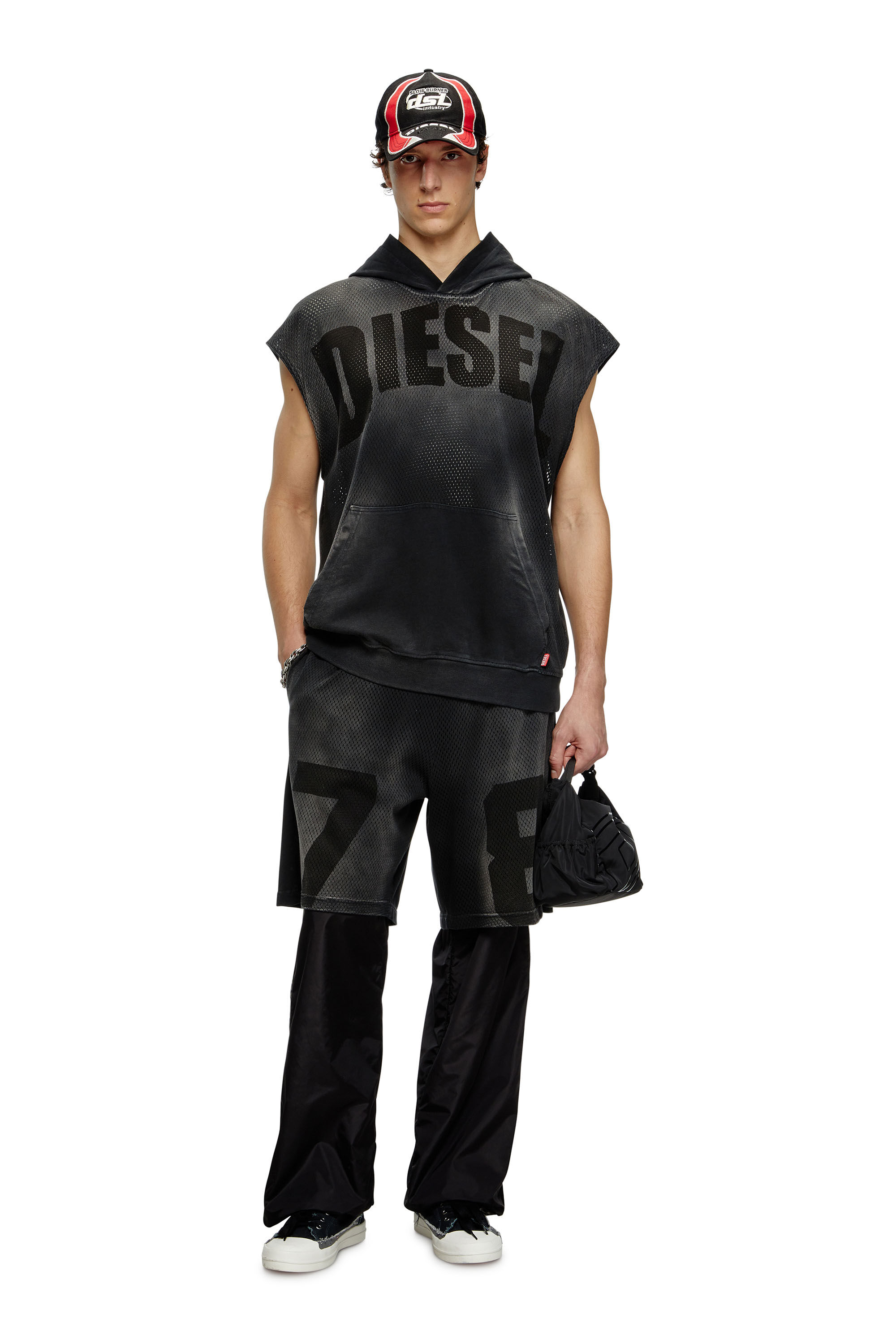 Men's Sleeveless hoodie in mesh and jersey | Black | Diesel