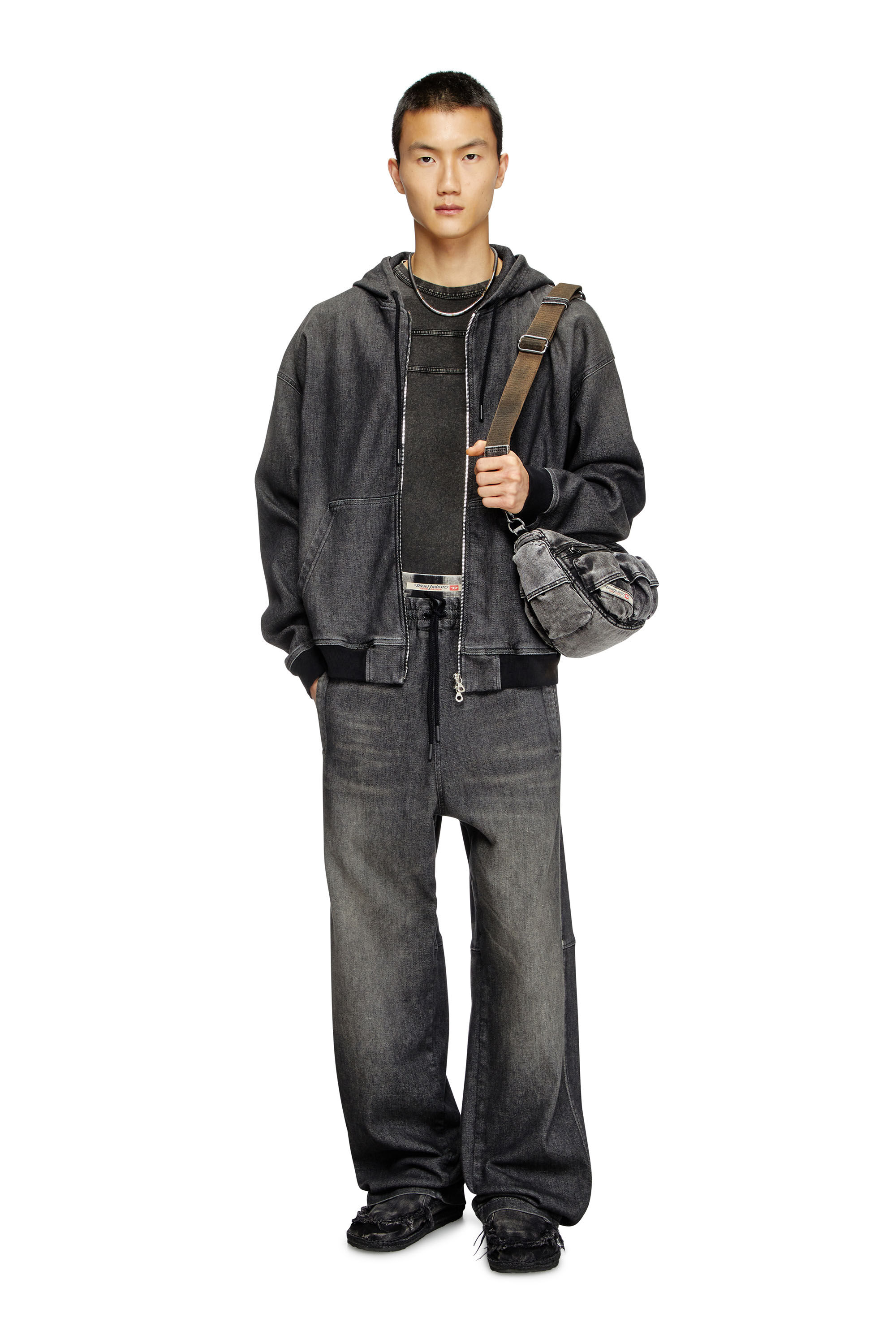 Diesel - D-GIRI-S TRACK, Sudadera con capucha y cremallera de Track Denim con efecto de suciedad Unisex in Negro - 1