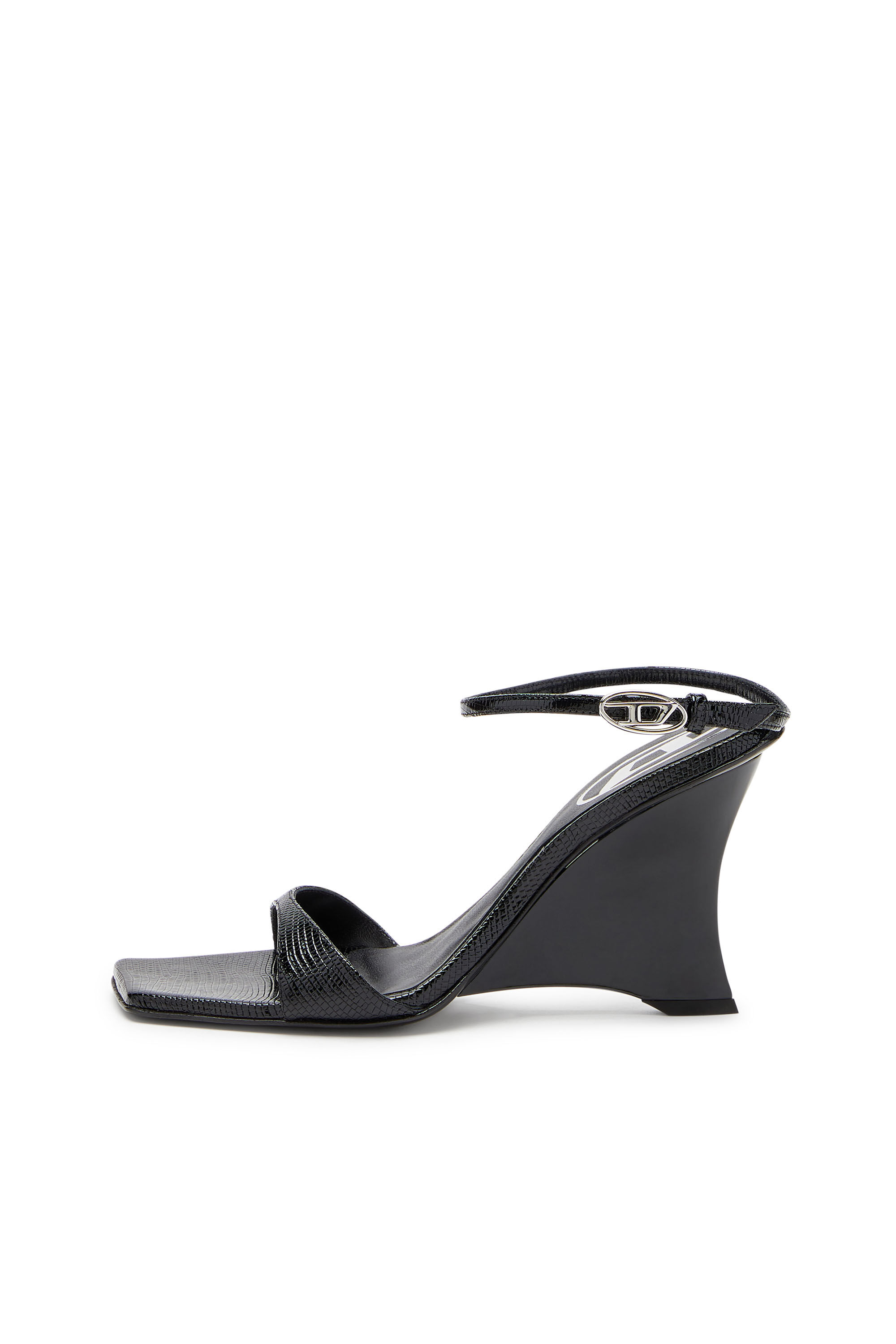 Diesel - D-AMBER SANDAL WEDGE, Sandalias de cuña en cuero efecto lagarto Mujer in Negro - 6