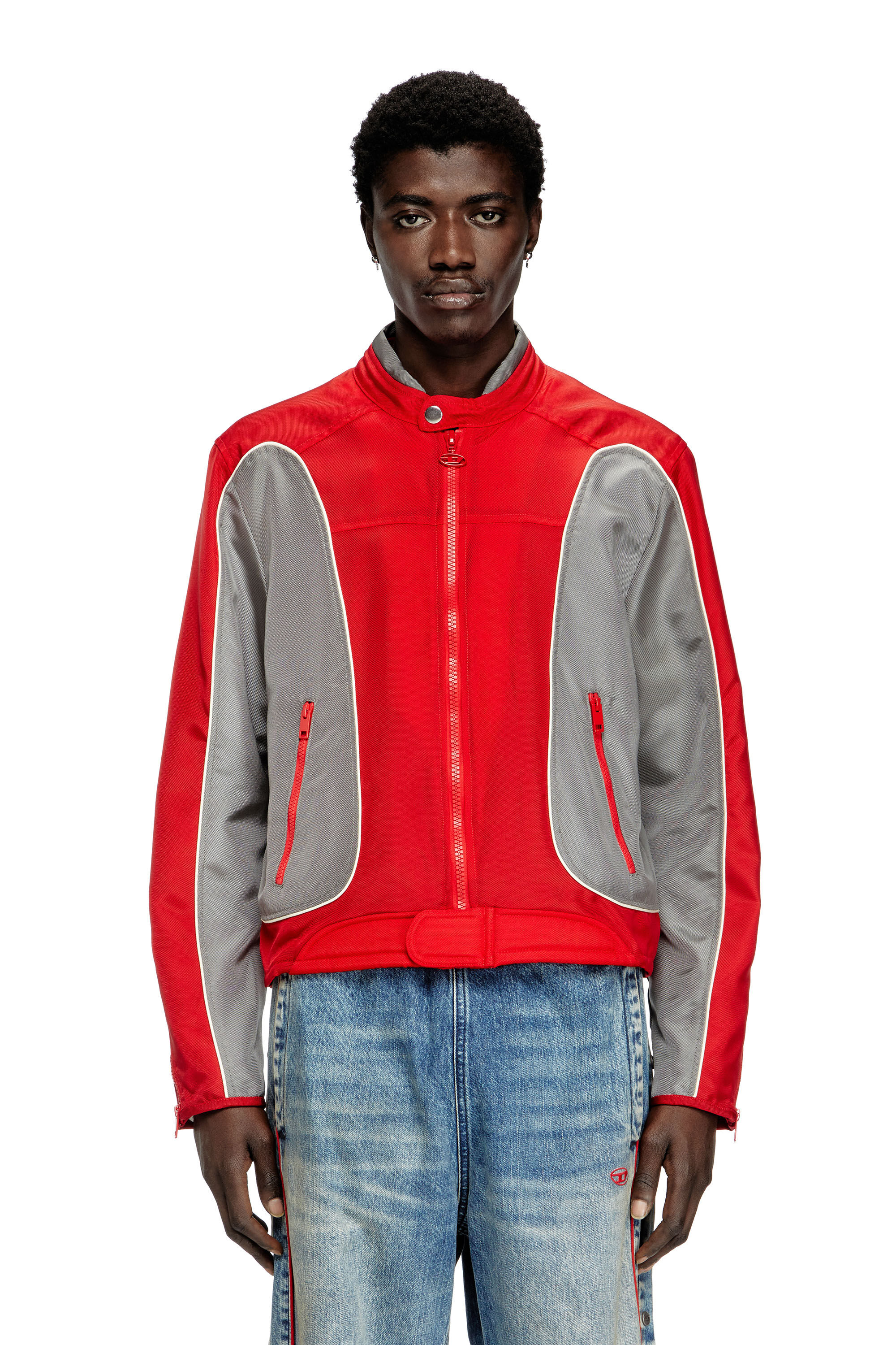 Diesel - J-BLINK-A, Man's Colour-block biker jacket with piping in Red/Grey - 3