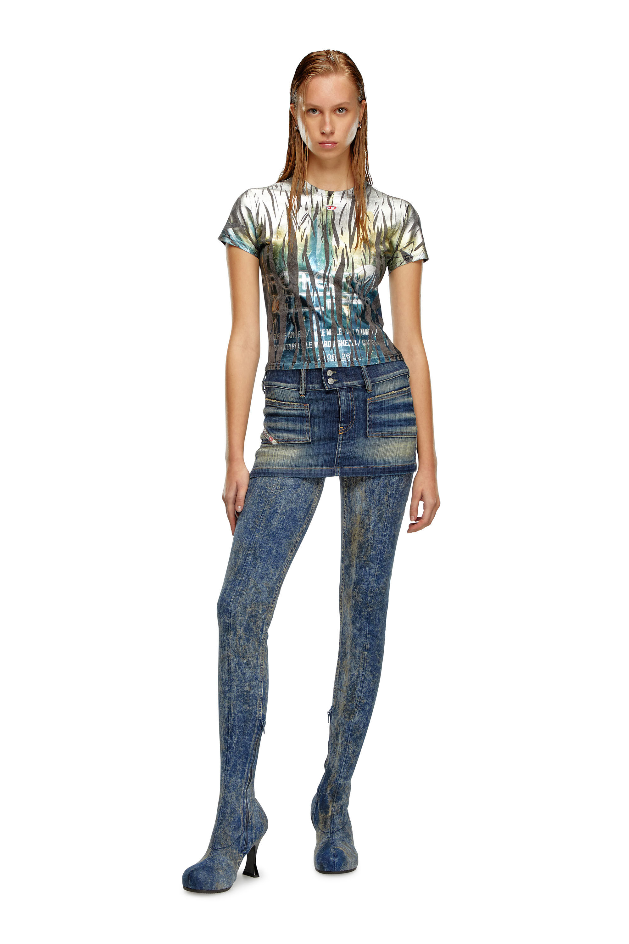 Diesel - T-UNCUTIE-LONG-FOIL, Woman T-shirt with creased foil treatment in Multicolor - Image 3