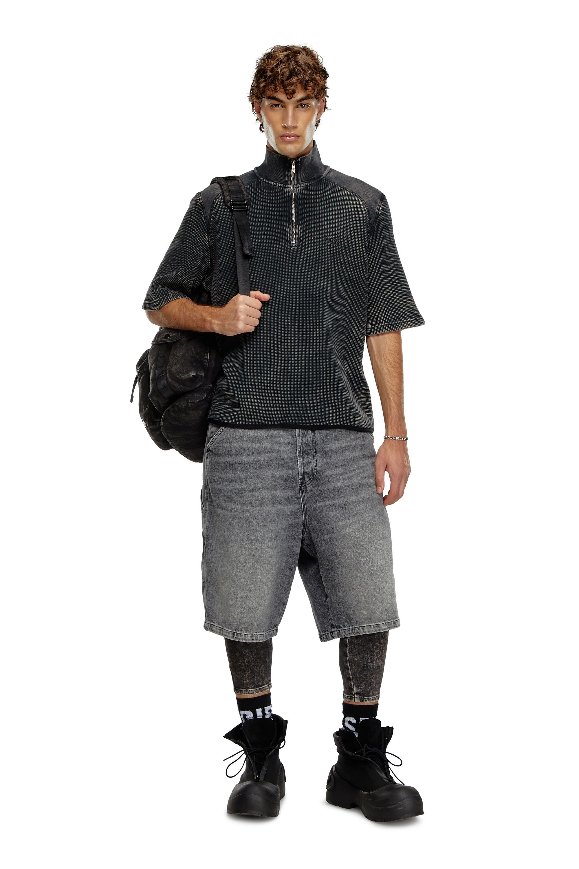 Men's Short-sleeve waffle-knit sweatshirt | Black | Diesel