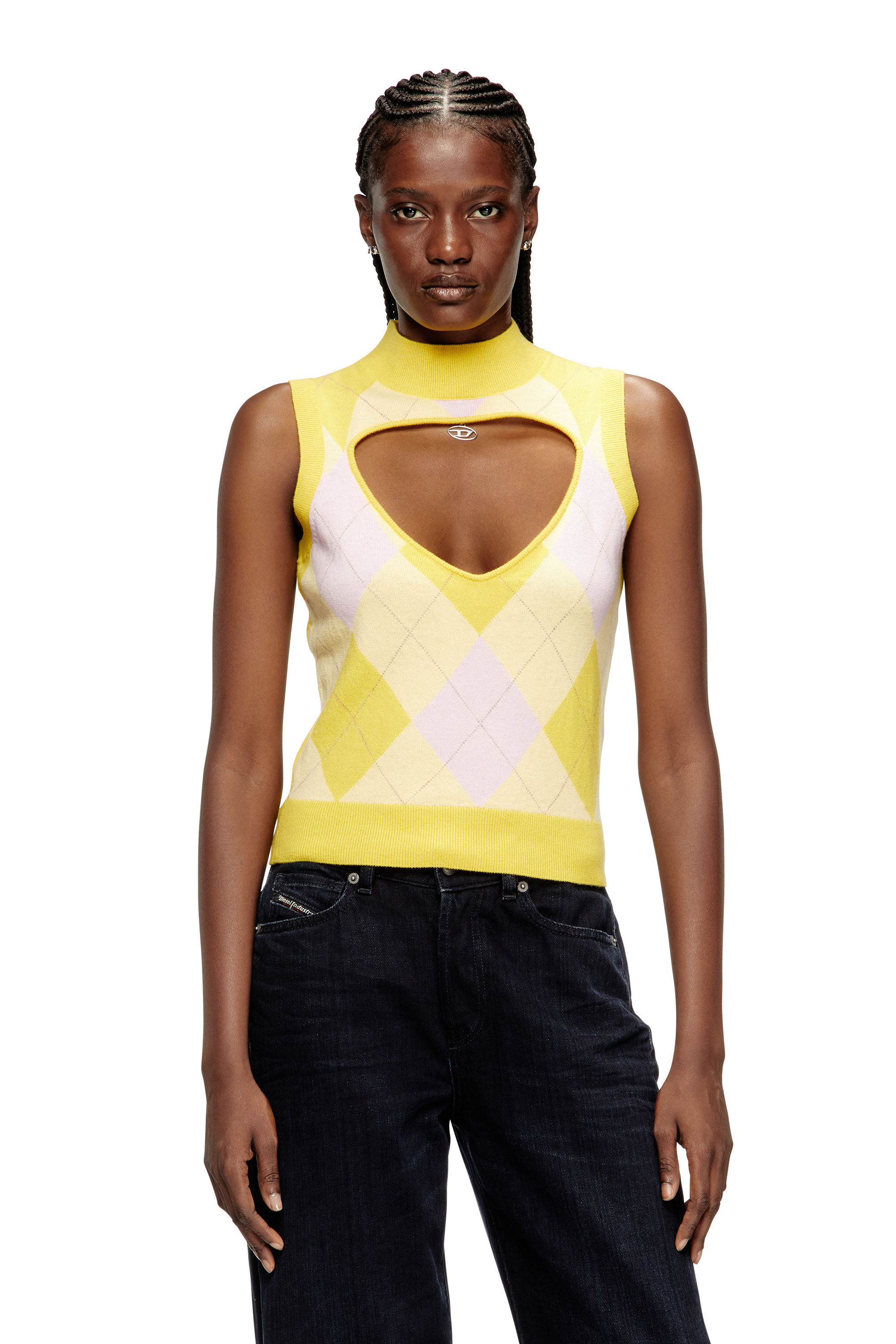 Diesel - M-ROMKO-SL, Chaleco de cuello alto con recortes en lana argyle Mujer in ToBeDefined - 3