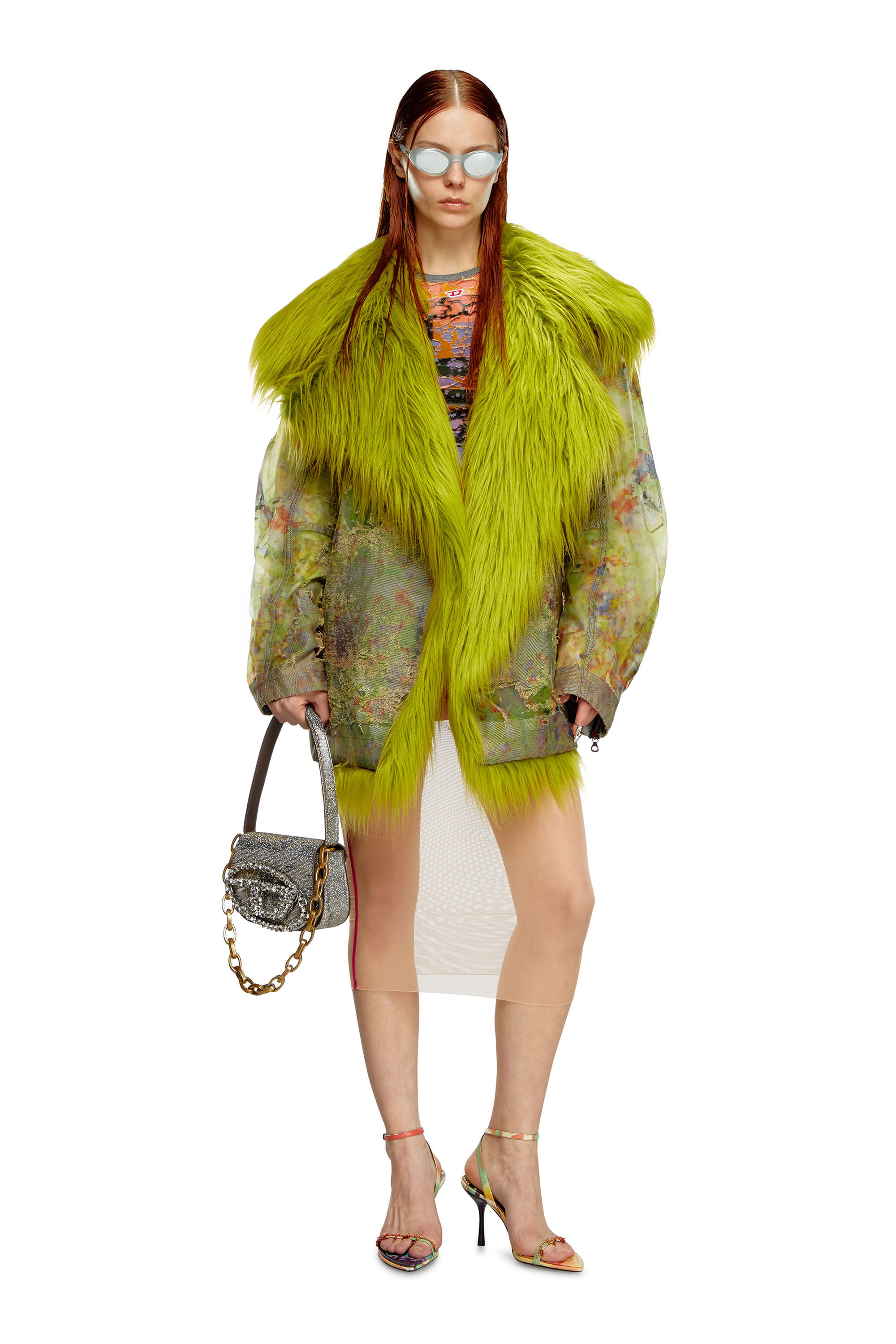 【PORTERNA】Debbie shirring jacket Women's Printed devoré jacket with shaggy collar | Green