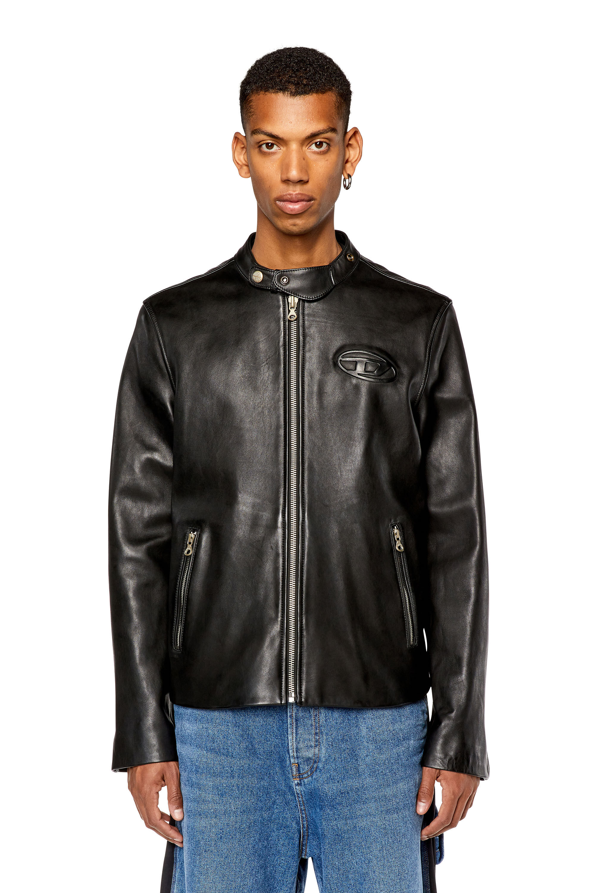 Men s Leather biker jacket with distressed logo Black Diesel