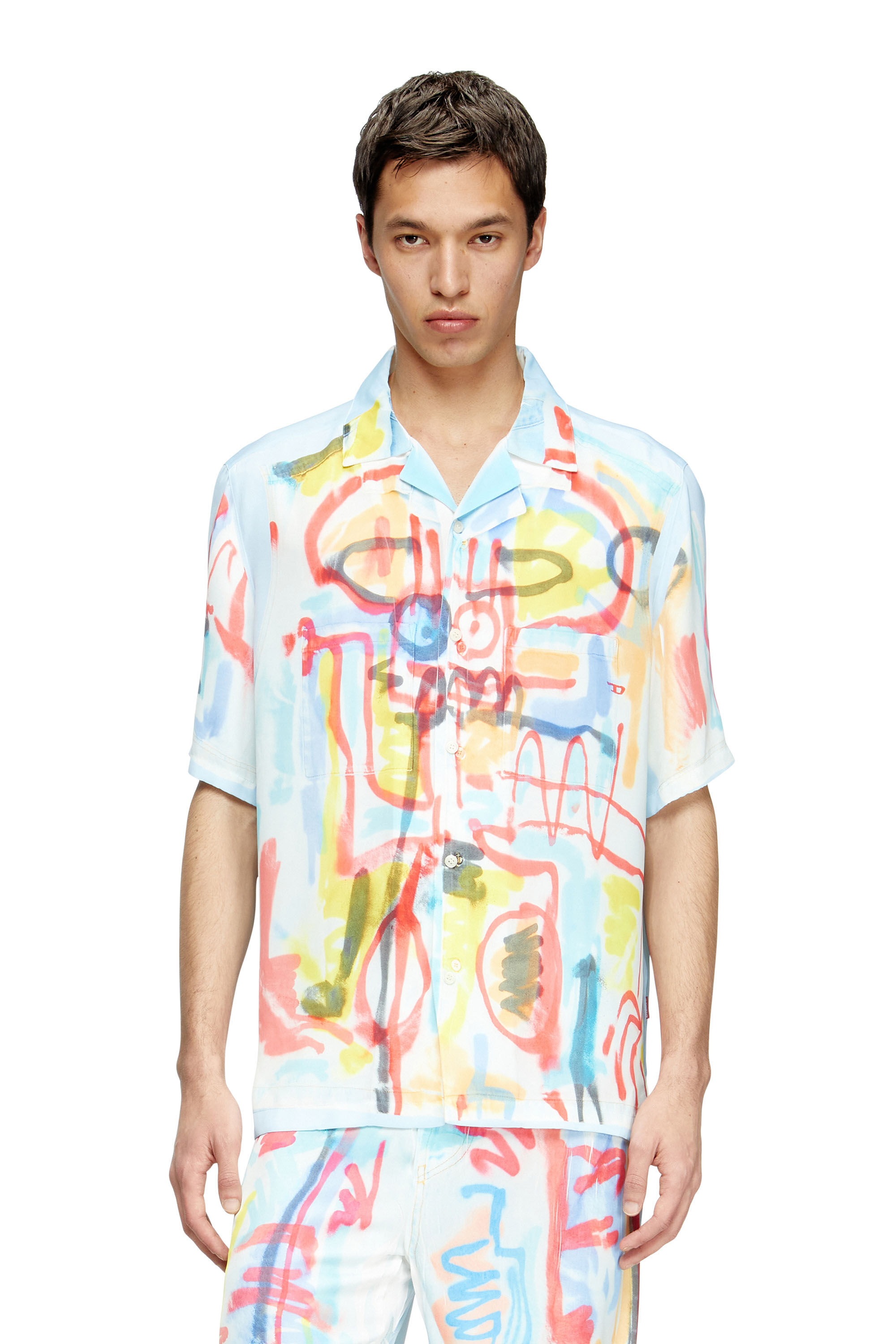 Diesel - C-PAROSHORT-GRAFFITI-AFR, Camisa de bolos de satén con estampado graffiti Unisex in Azul marino - 3