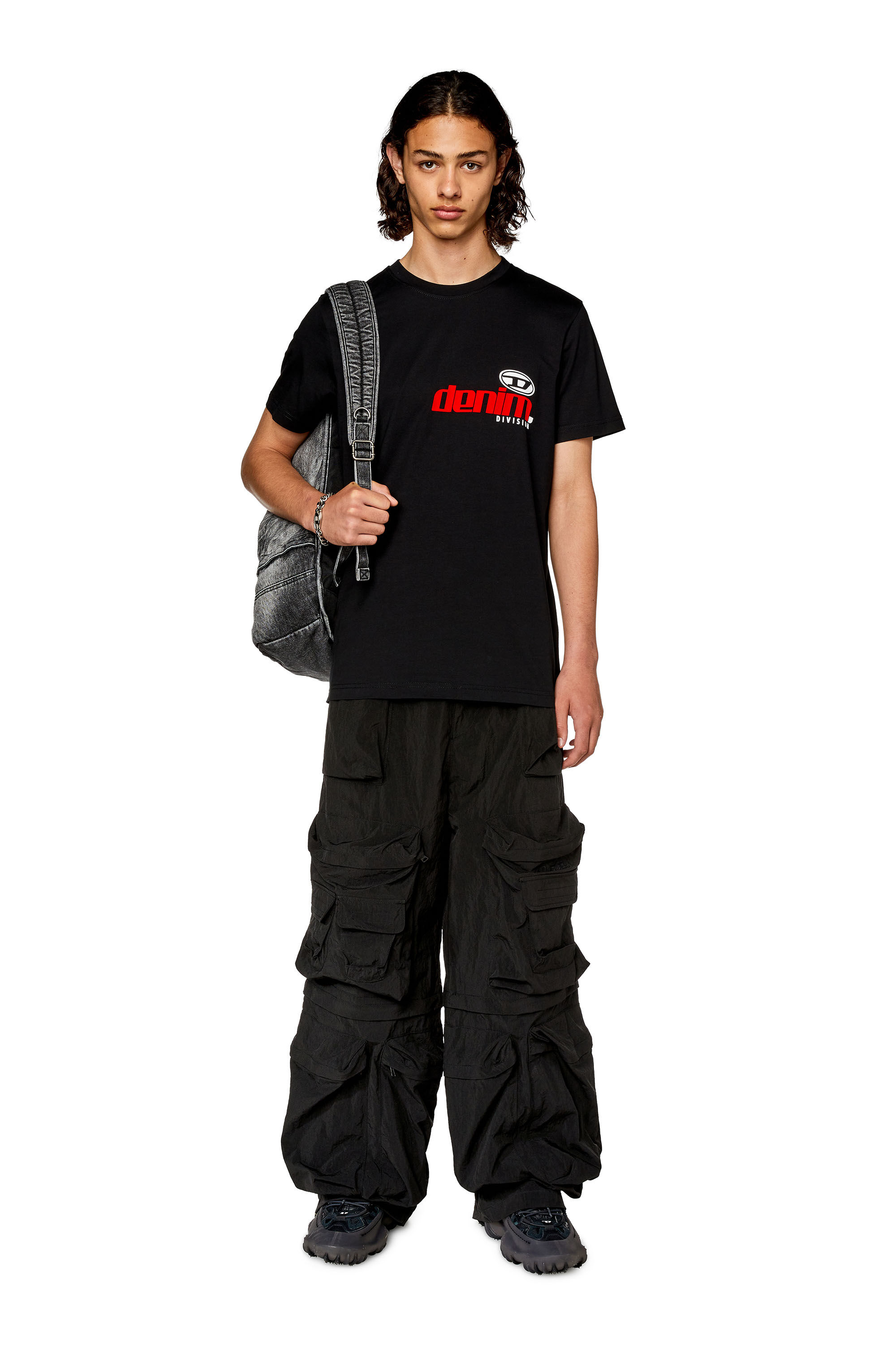 Diesel - T-DIEGOR-L14, Man's T-shirt with shiny and flocked print in Black - 1