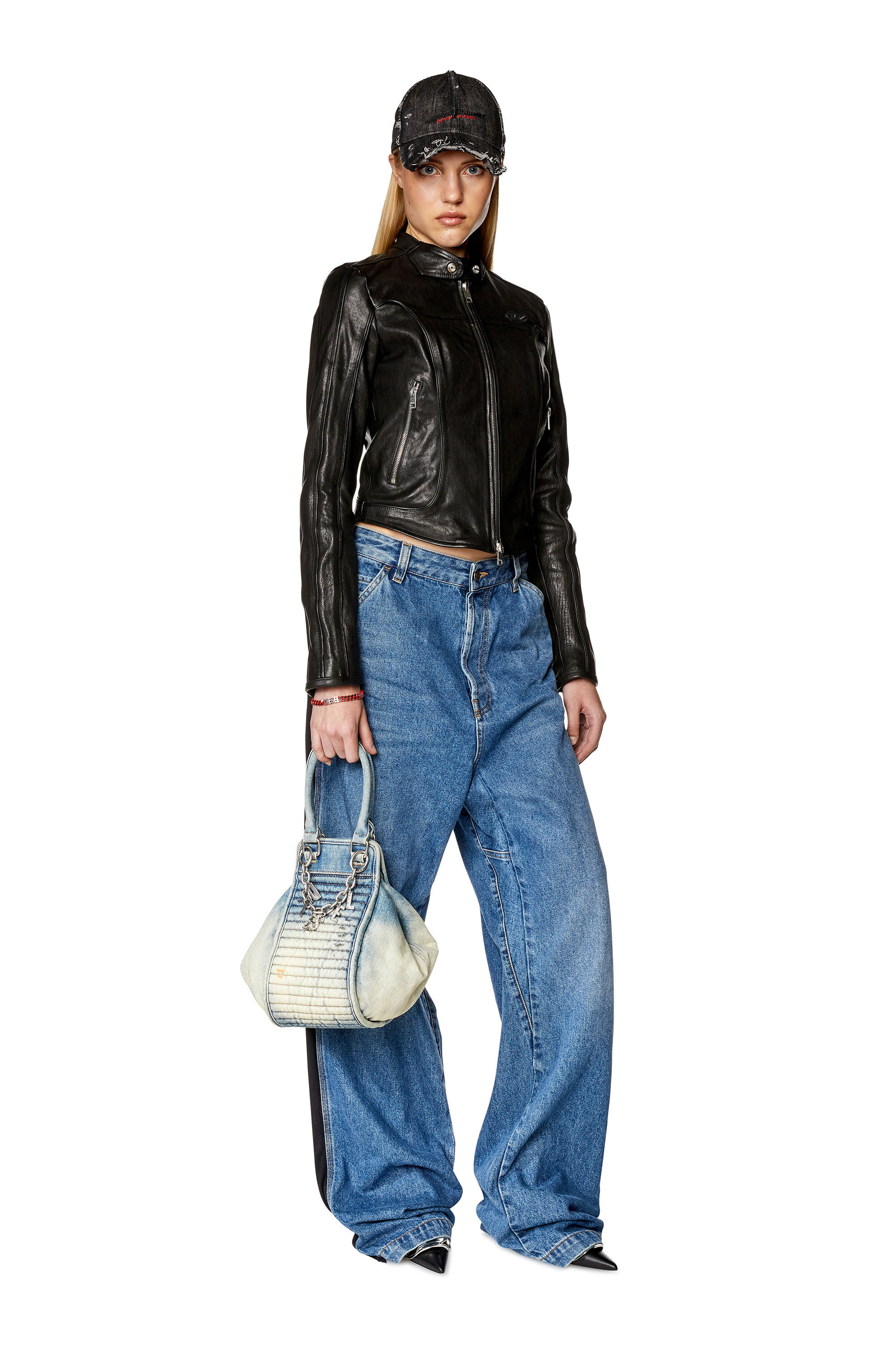Women's Leather jacket with embossed D | Black | Diesel
