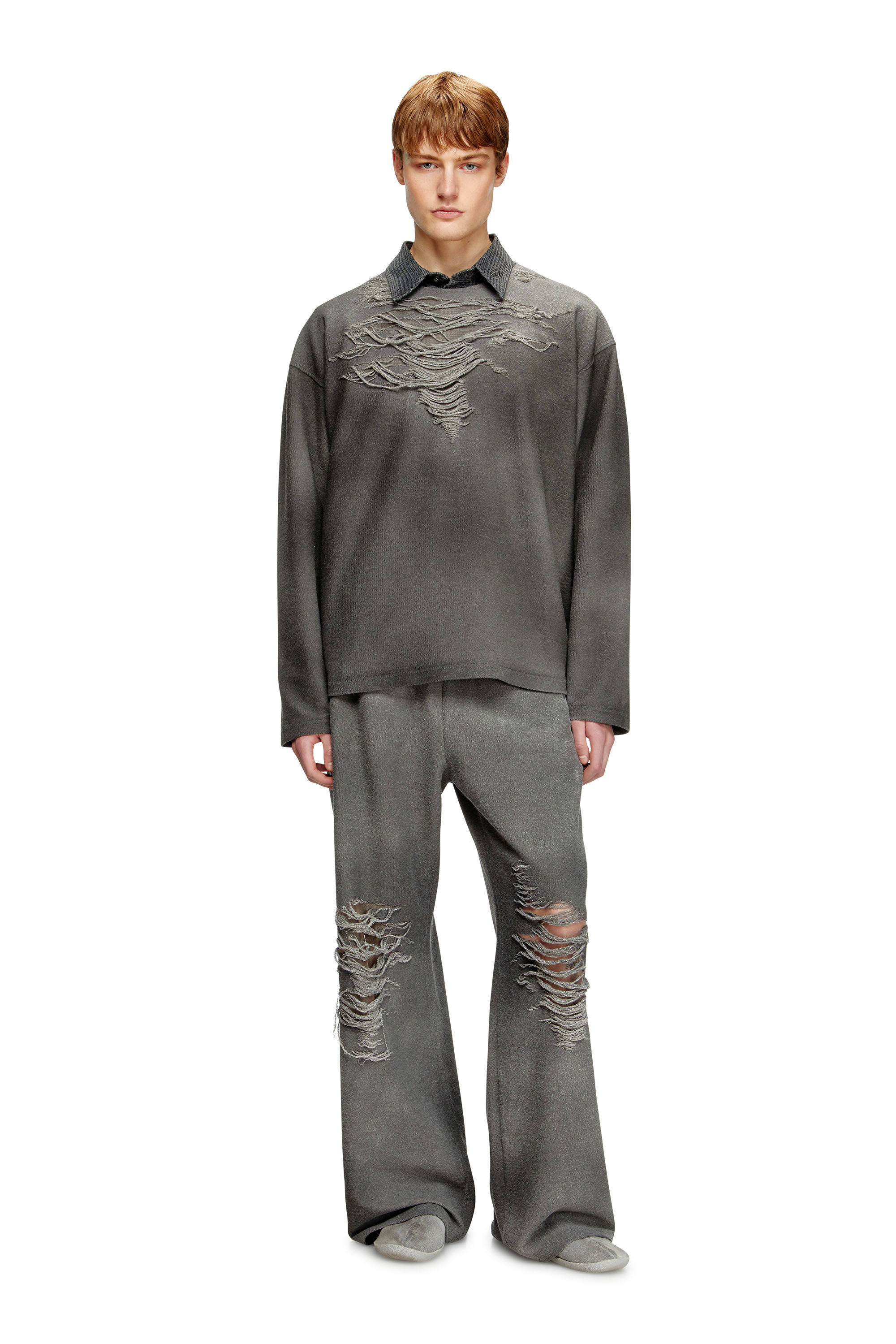 【DIESEL】メンズ 「S-Ruben」クルーネック スウェットシャツ Men's Sweatshirt with distressed front | Grey | Diesel
