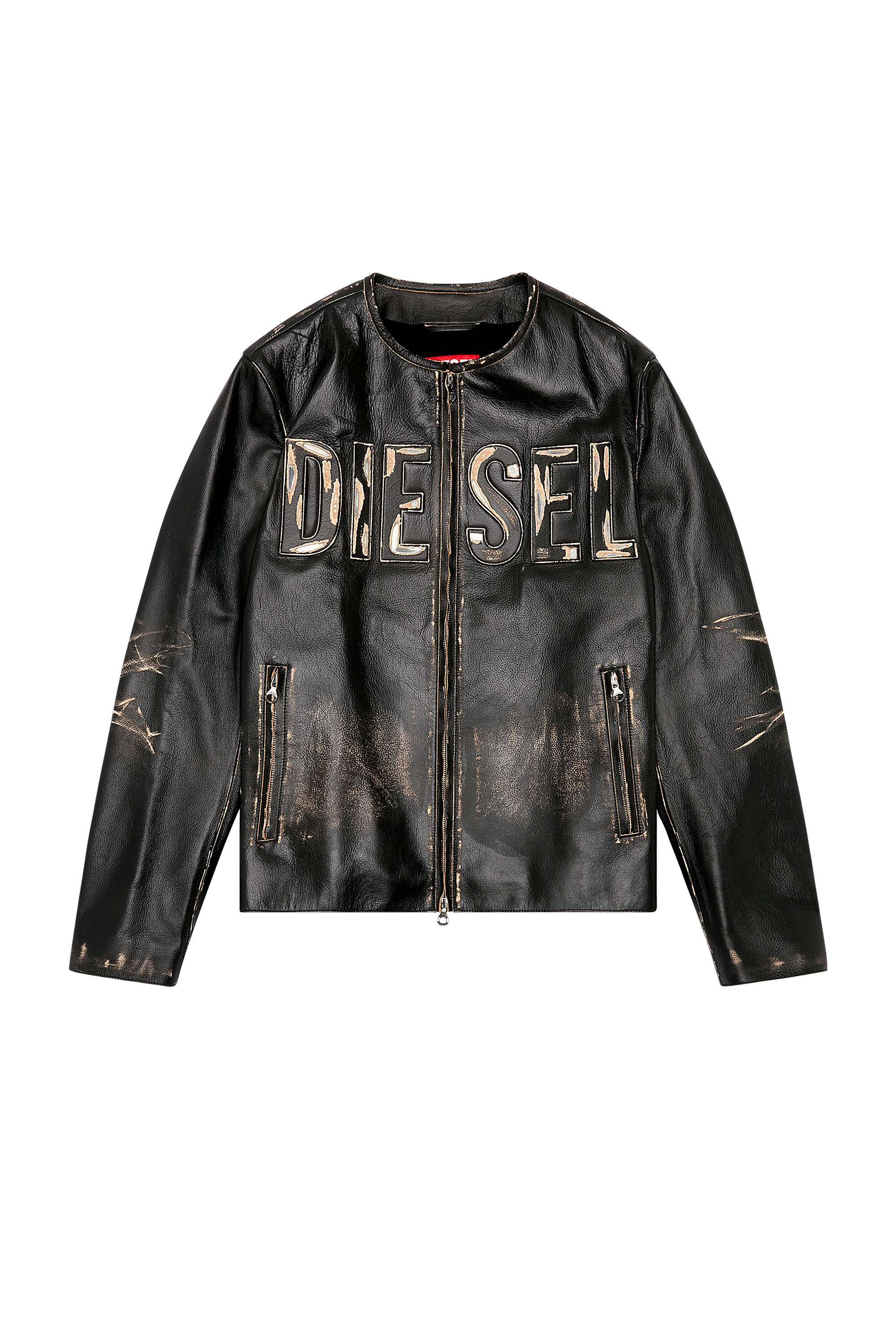 Men's Leather biker jacket with distressed logo