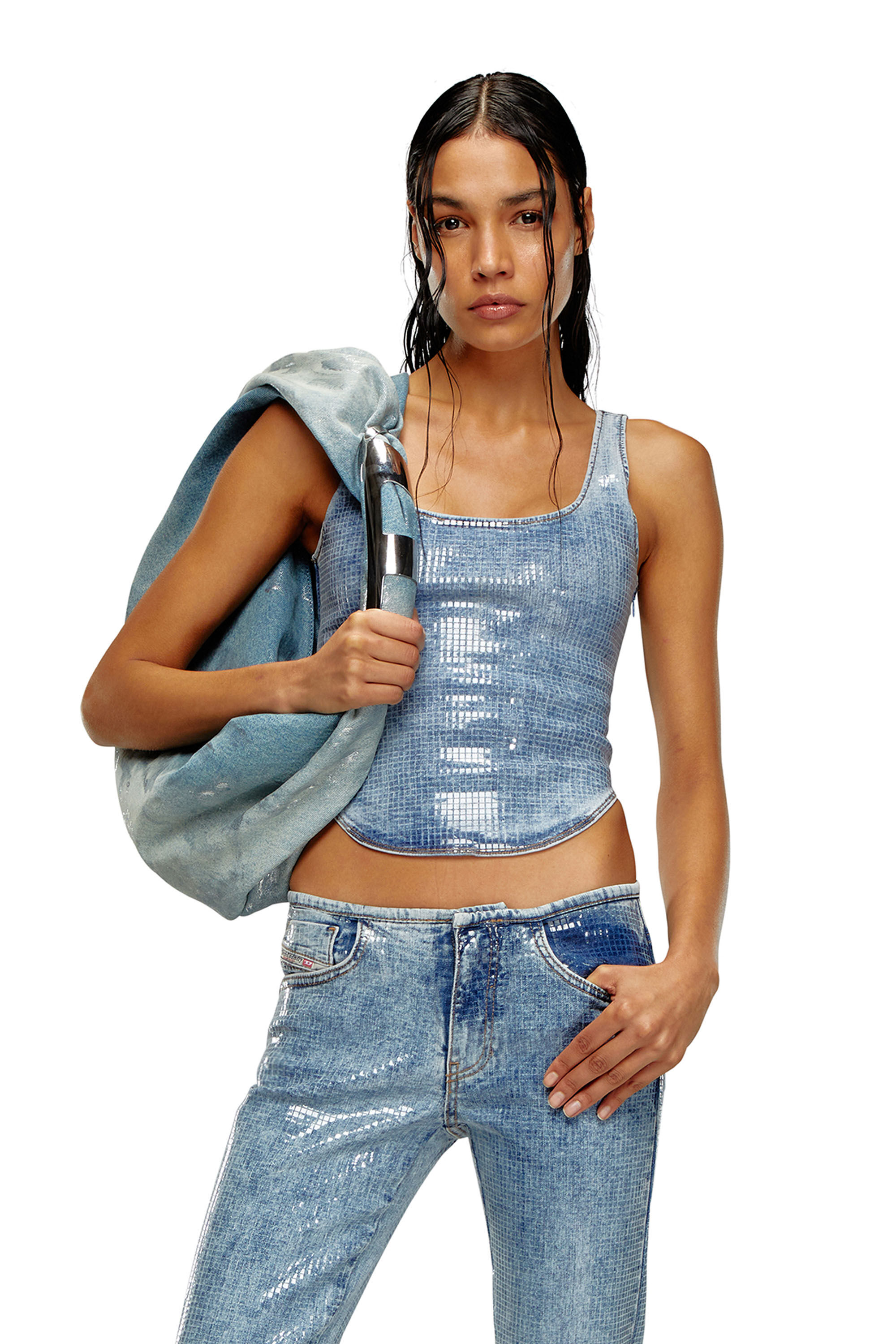 トップス Diesel Women's Tank top in sequin Denim | Blue | Diesel Denim Set