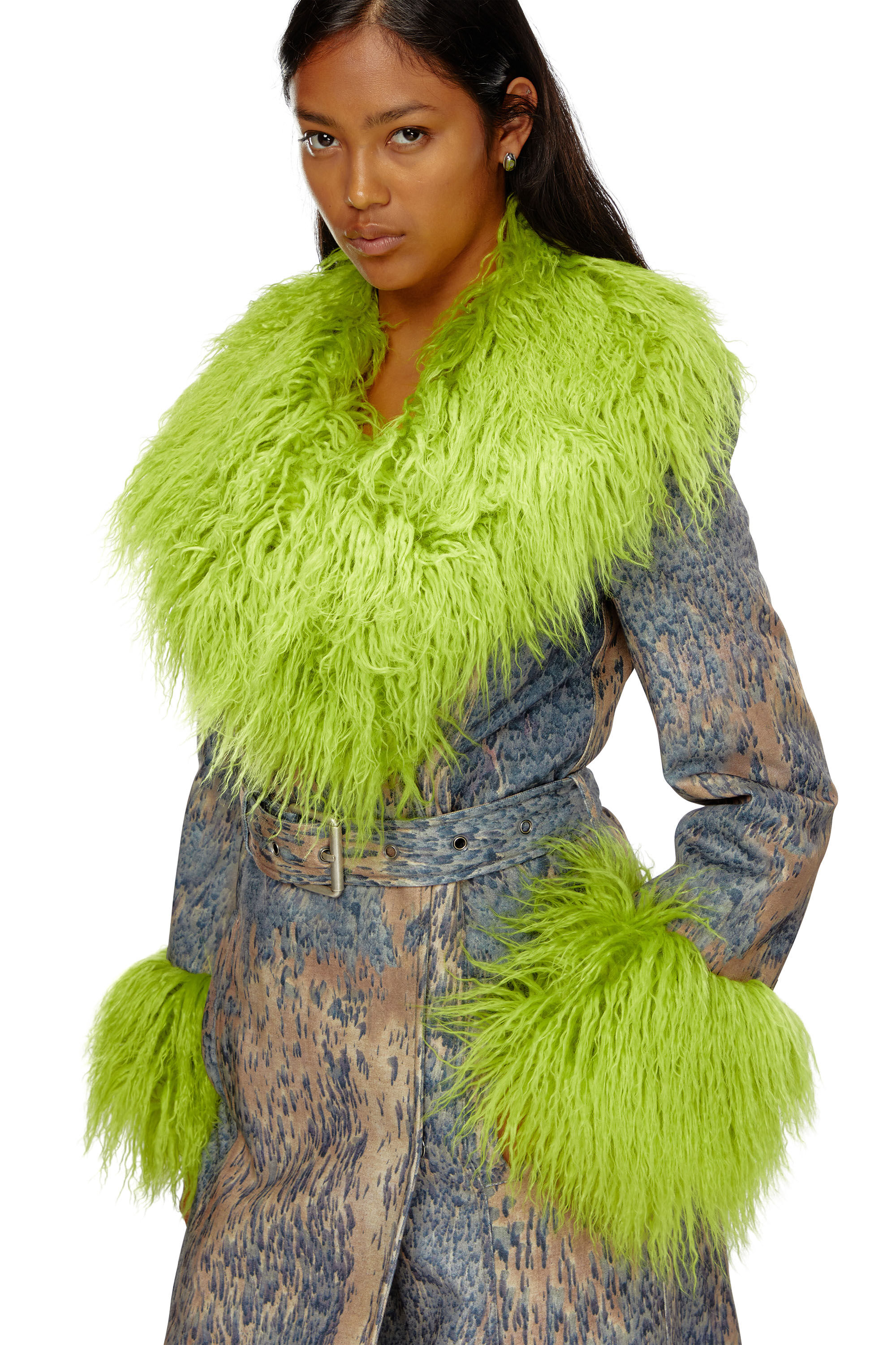 Women's Printed trench coat with shaggy trims | Multicolor