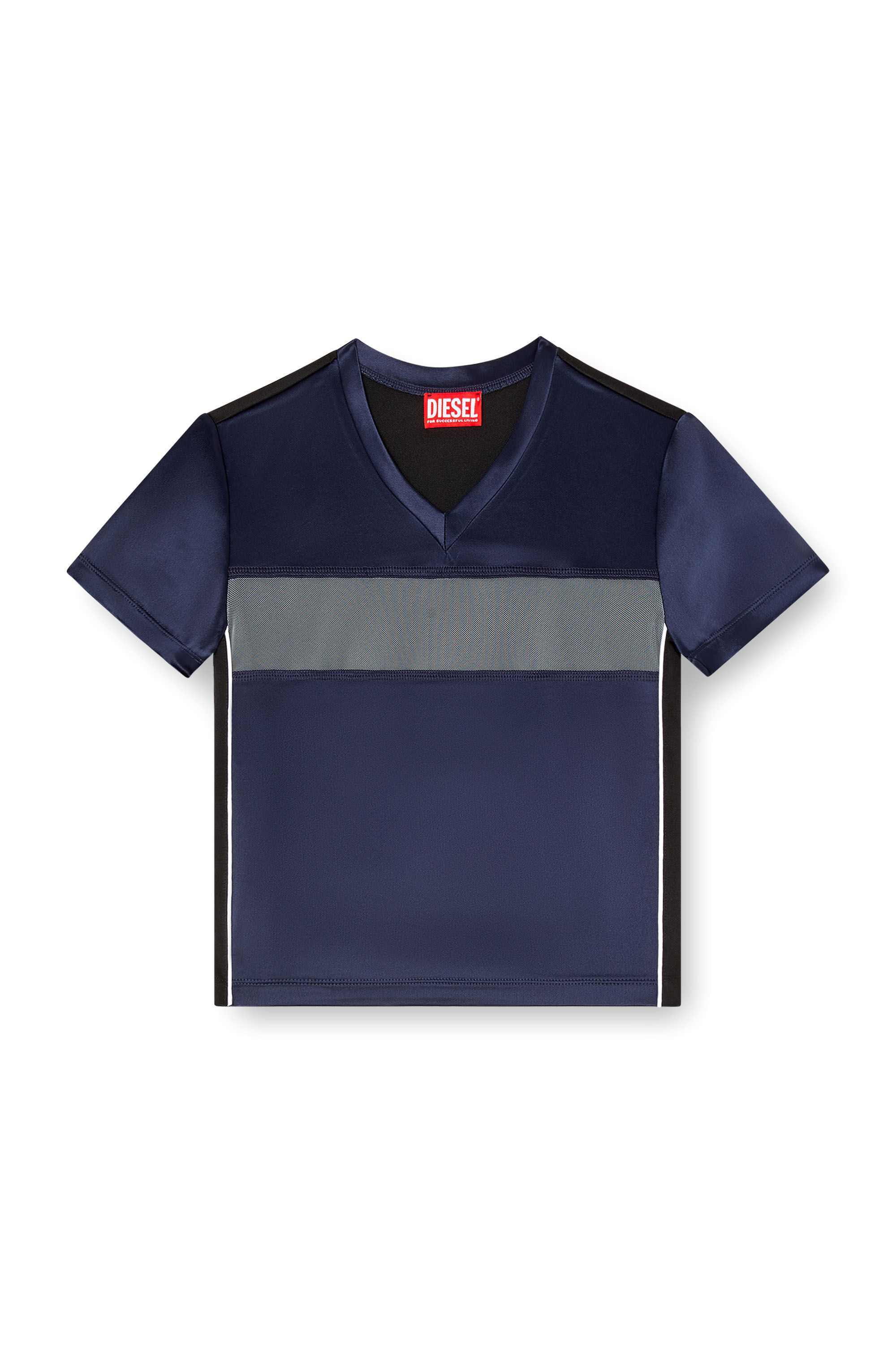 Women's Cropped T-shirt in satin, knit and tulle | Blue | Diesel