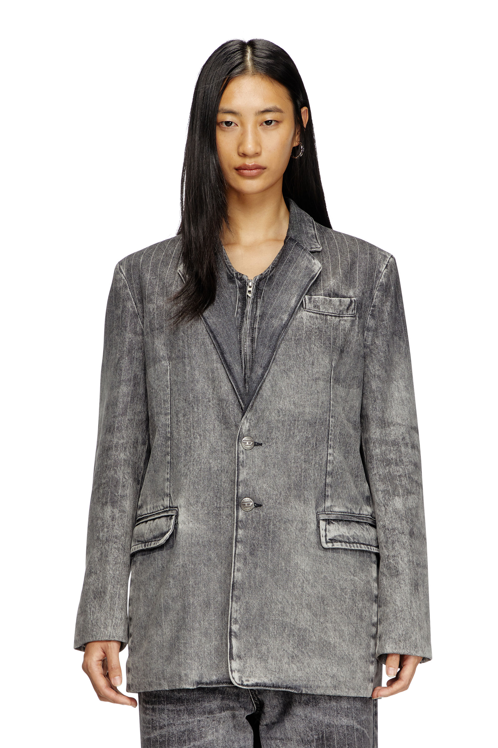 DIESEL>>D-Reger-S テーラード ピンストライプ デニム ブレザー Women's Blazer in tailoring pinstripe denim | Black | Diesel