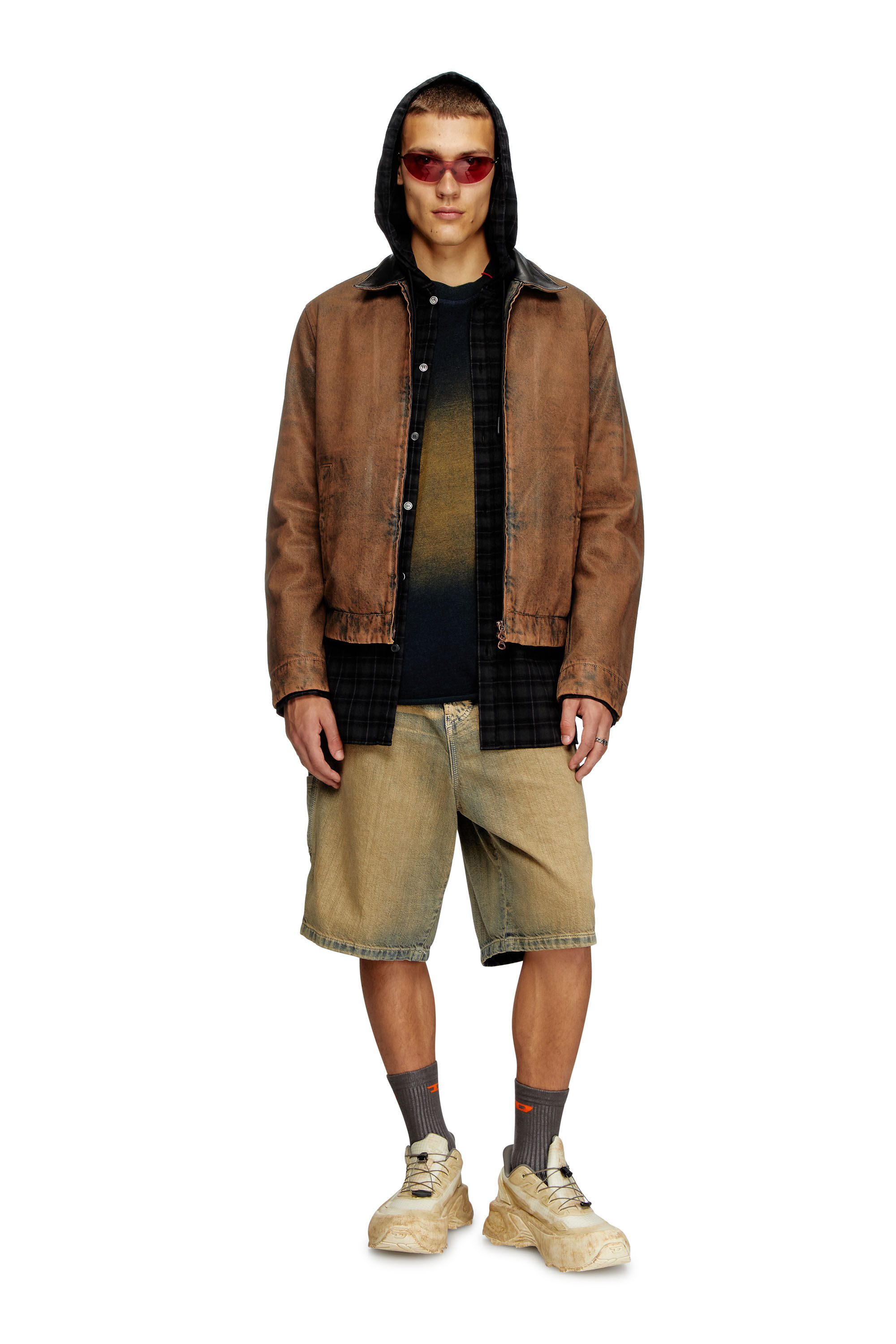 Men's Padded blouson in coated denim | Brown | Diesel Men's Padded blouson in coated denim | Brown | Diesel
