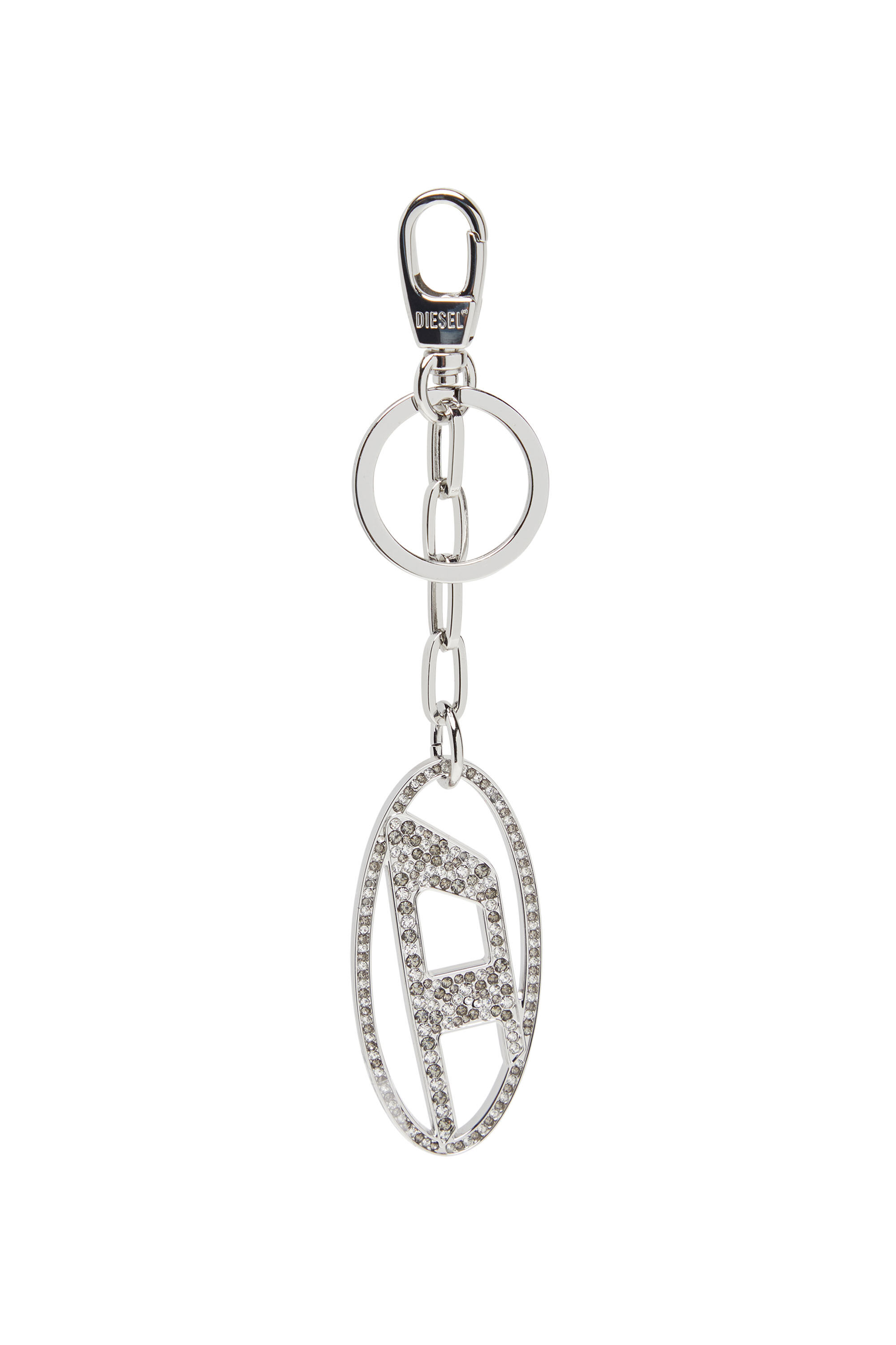 Women s Metal Oval D keyring with crystals Silver Diesel