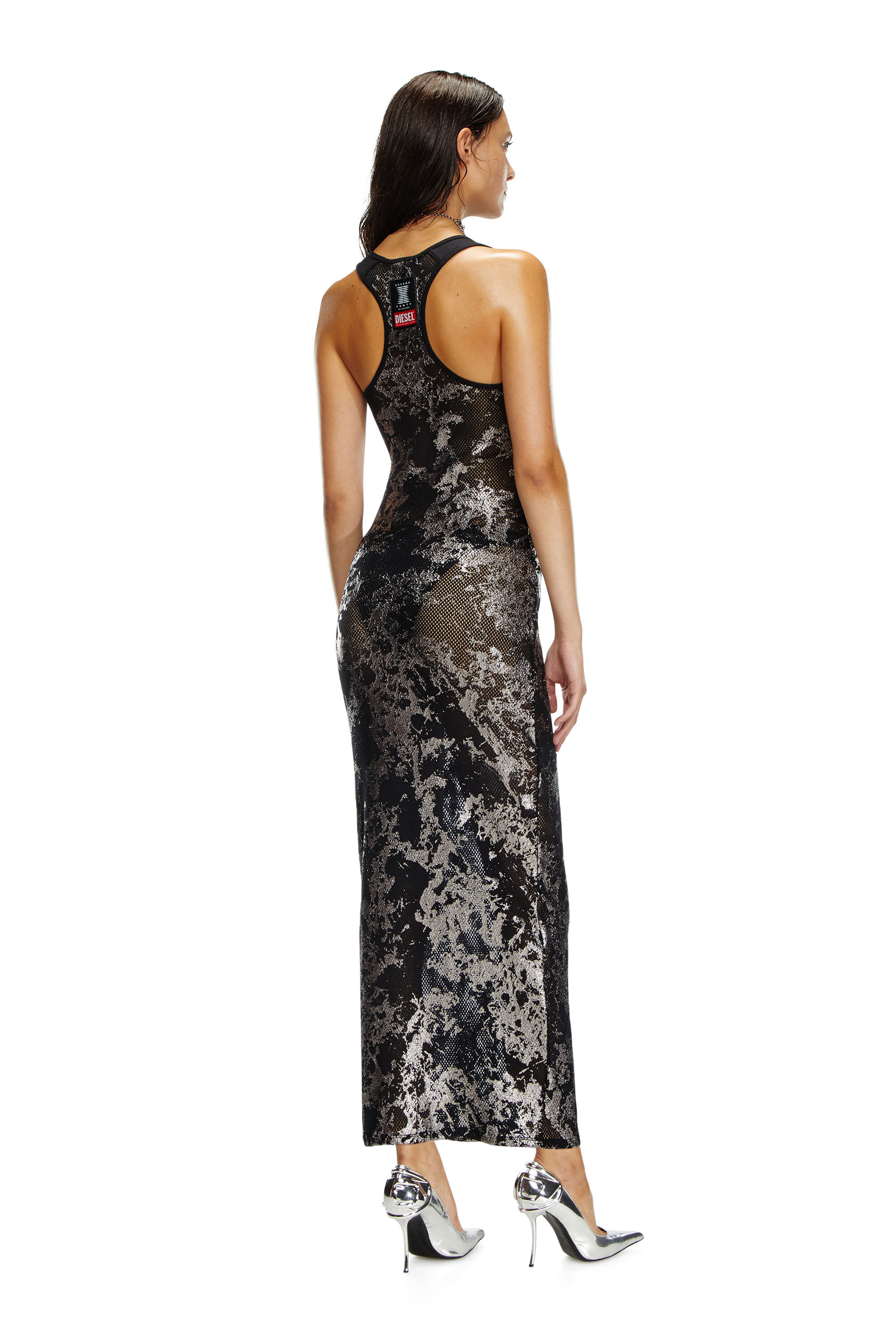 Diesel - FISHNET-SLEEP-SLIP, Woman's Long slip in foiled fishnet in Black/Silver - 1