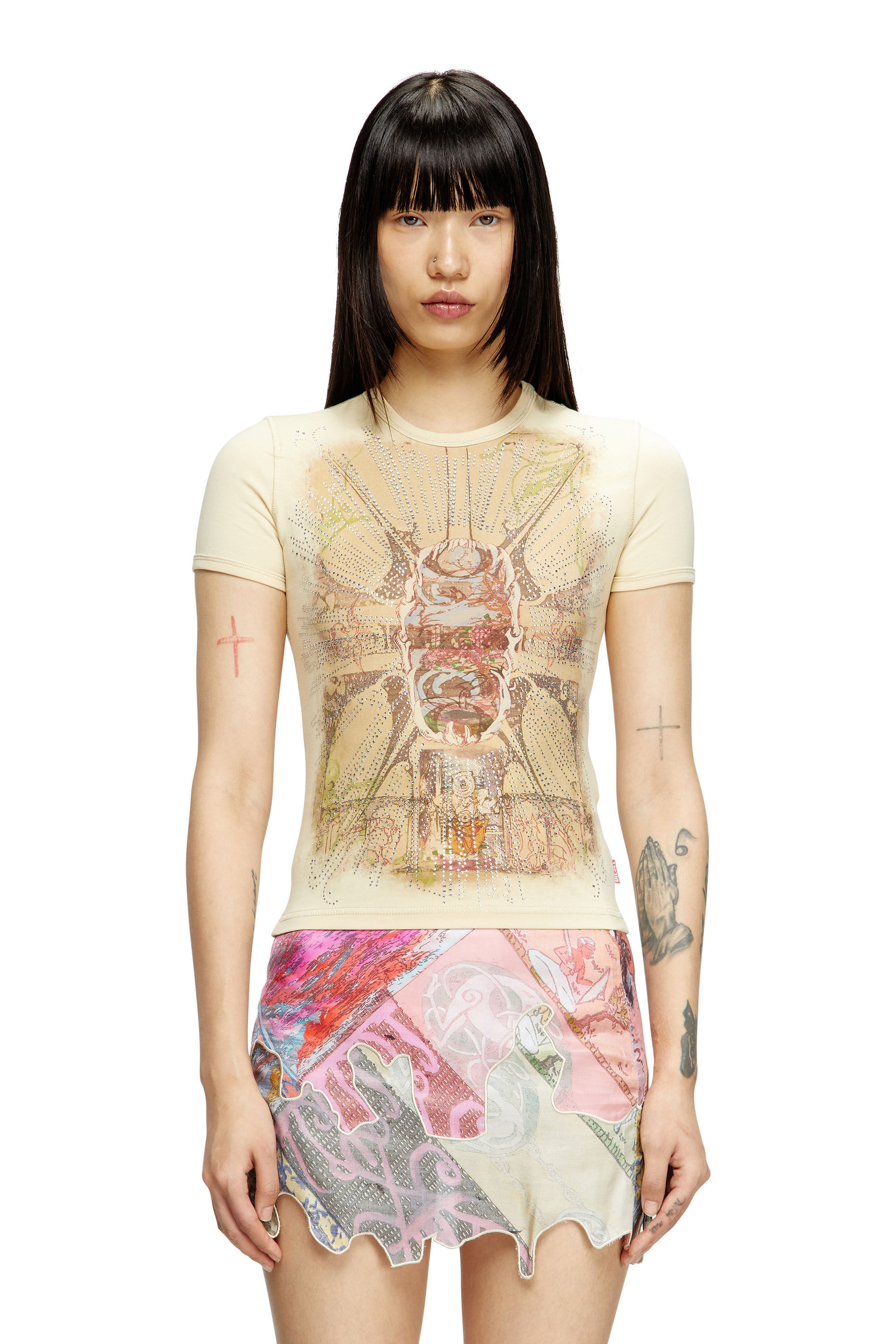 売れ筋商品|||ダナキャランニューヨーク Tシャツ トップス レディース Women's Embellished Graphic Print Crewneck T-Shirt WHB - WHT/BLK Calvin Klein Womens Tops, Short Sleeve Crewneck Summer Tops