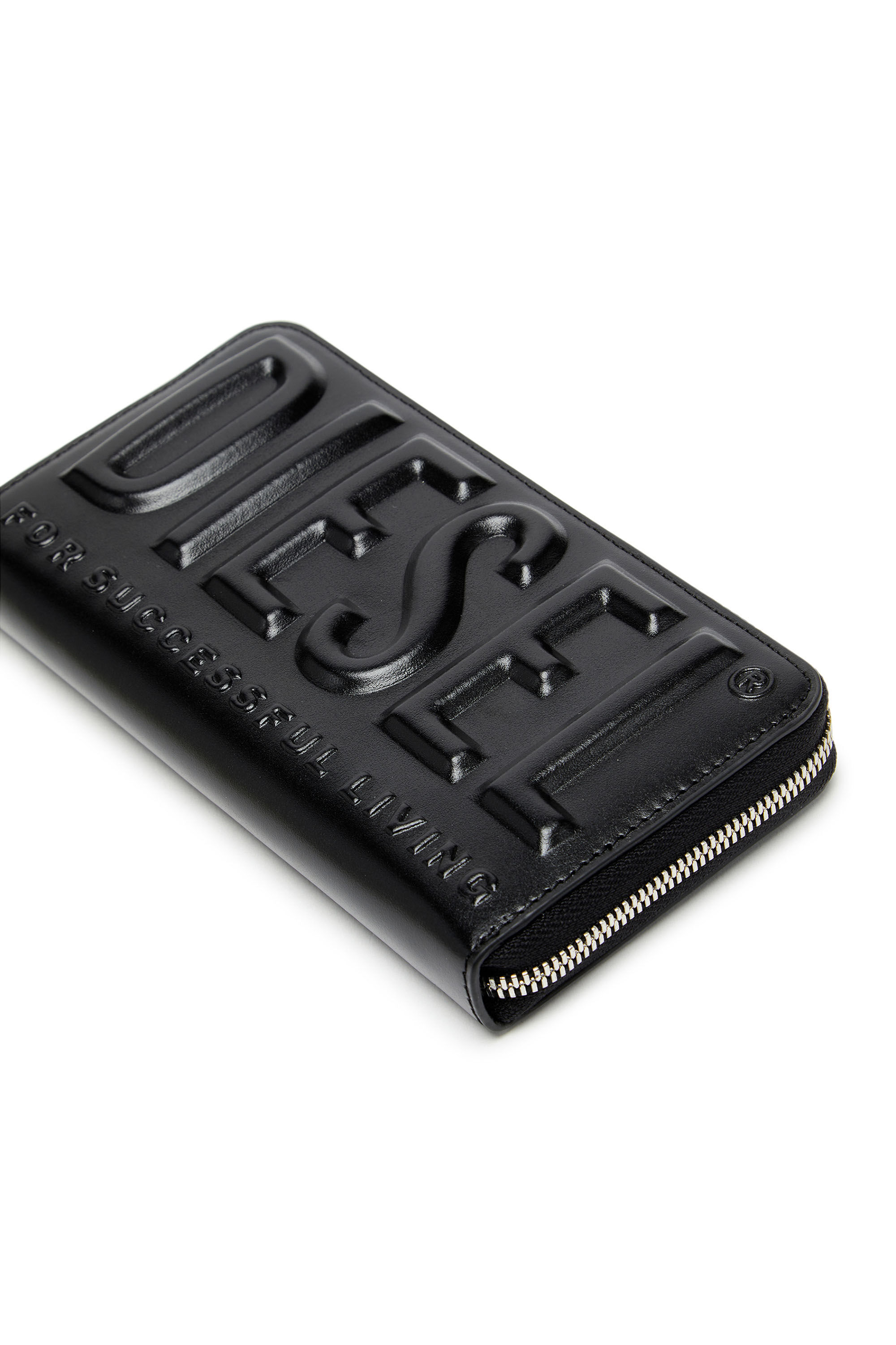 Men's Long zip wallet in logo-embossed leather | Black | Diesel