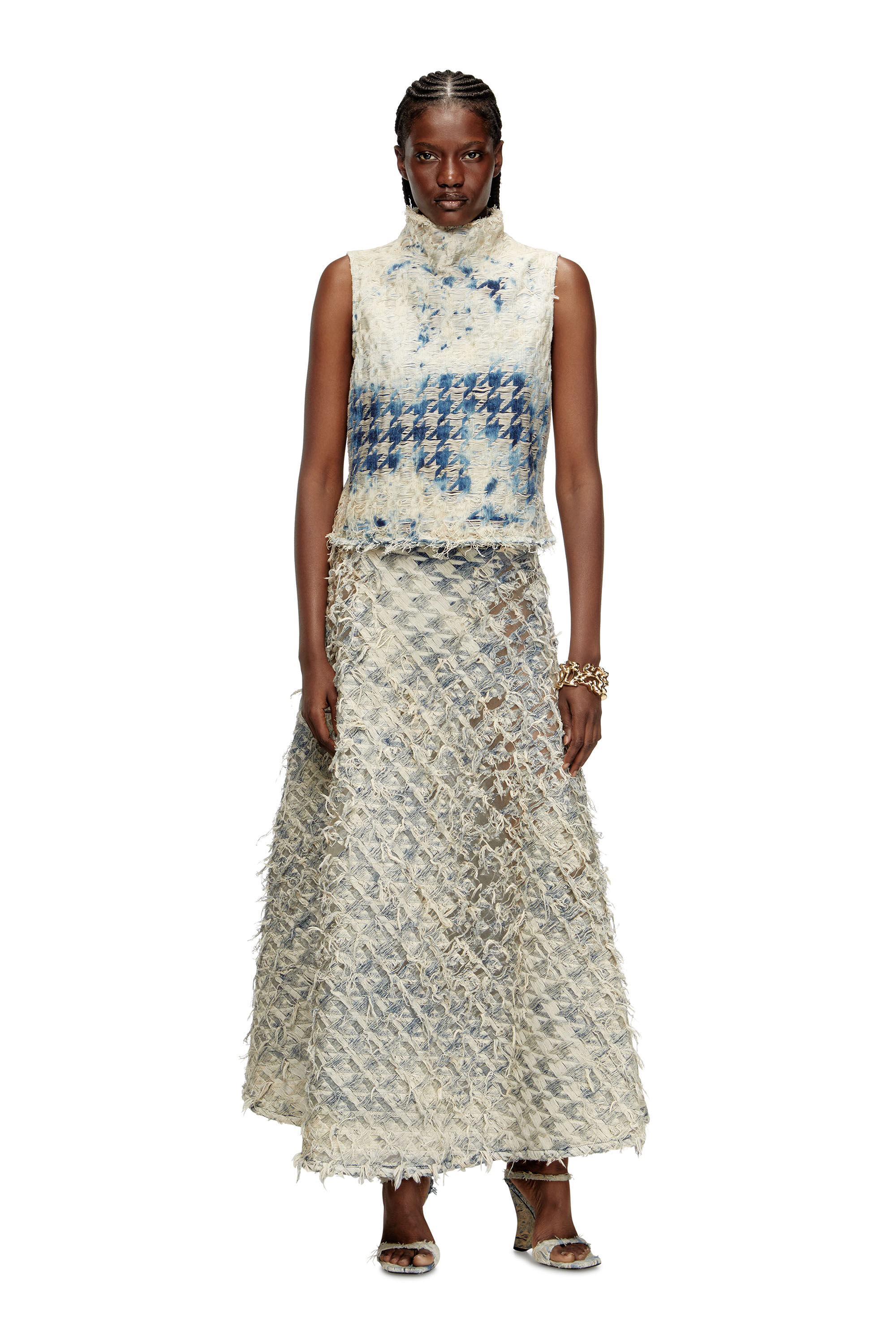 Diesel - DE-ANNINA-FSH, Woman's Long skirt in dévoré houndstooth denim in Light Blue - 1