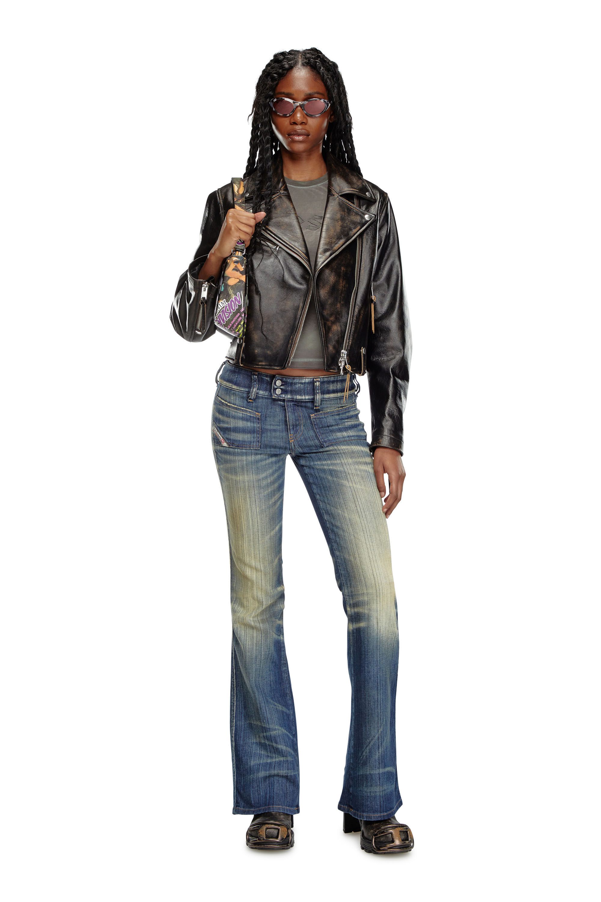 Diesel - L-EDMEA-CL, Chaqueta biker de cuero tratado Mujer in Negro - 1