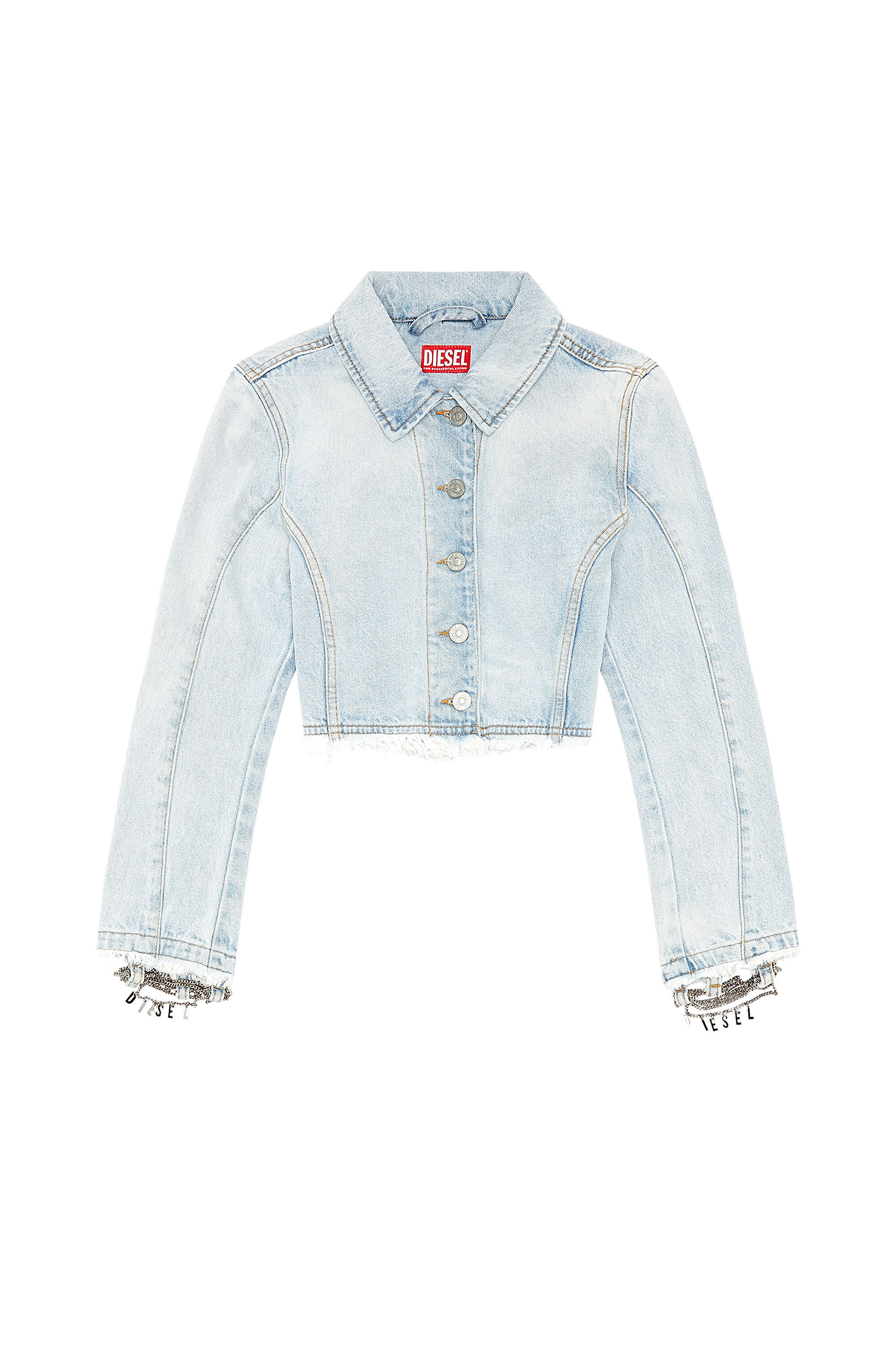 Women's Cropped denim jacket with chain detail | Blue | Diesel Women's Cropped denim jacket with chain detail | Blue | Diesel