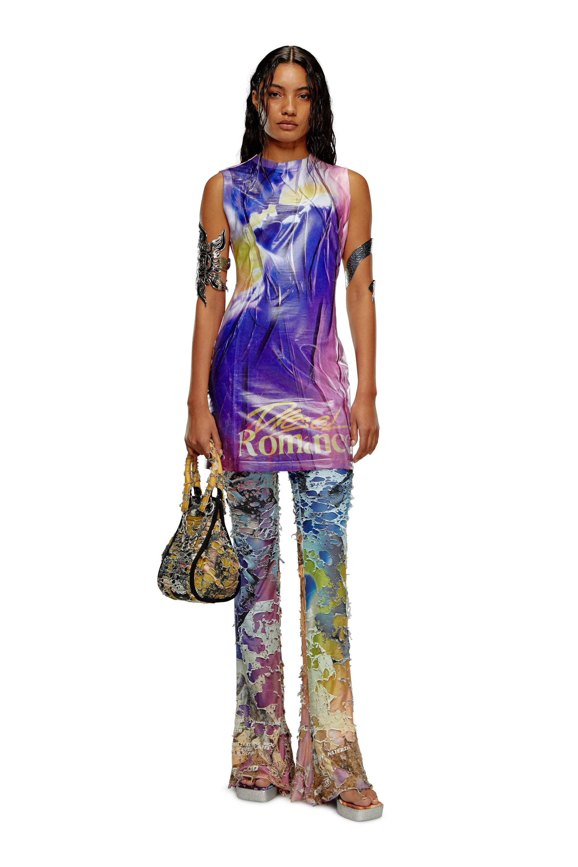 Diesel - P-MAYIM, Woman's Destroyed pants with cinema prints in Blue/Pink - 1