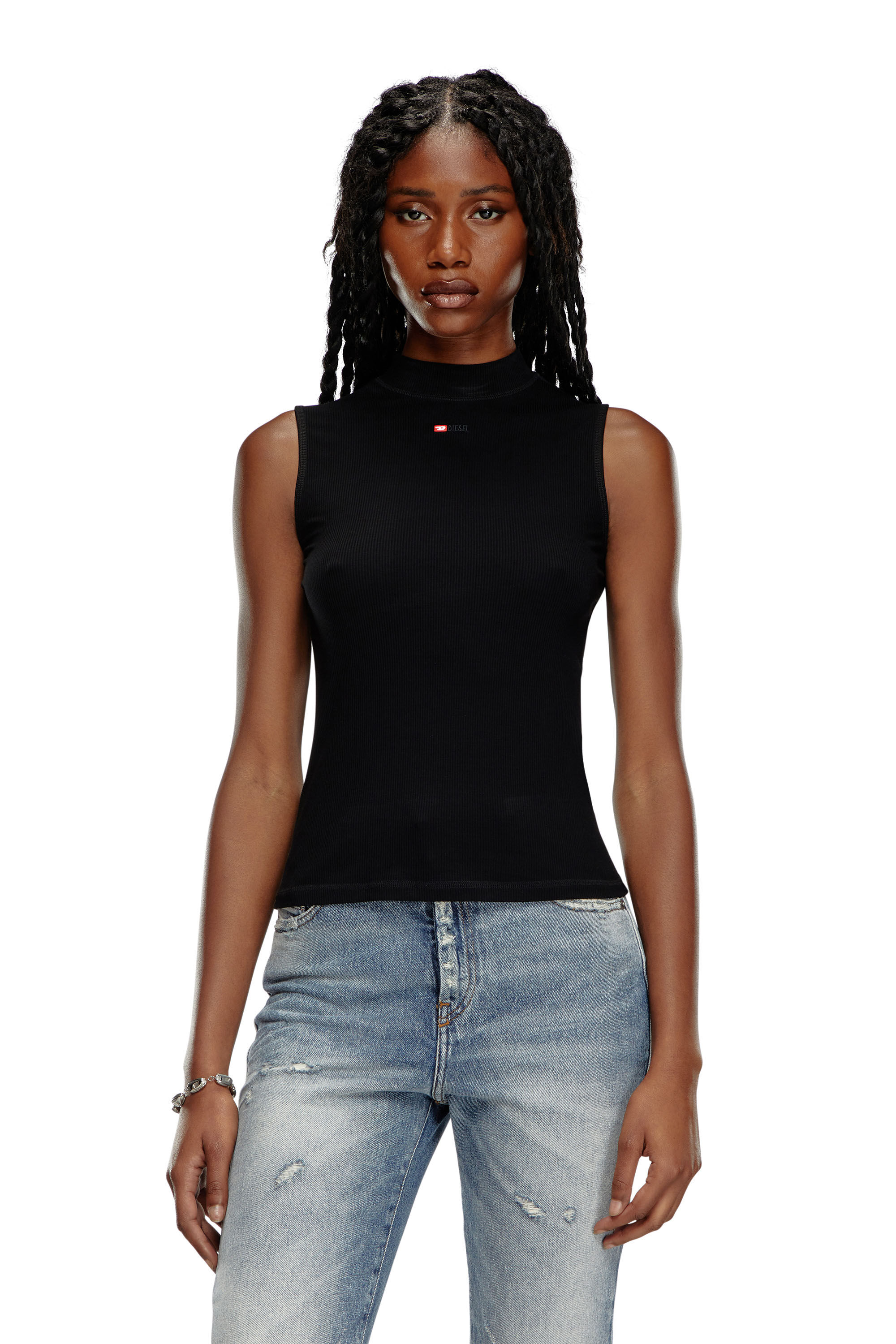 Diesel - T-MOKKY-SL-MICRODIV, Mujer Camiseta con tirantes de canalé con medio cuello alto in Negro - Image 3