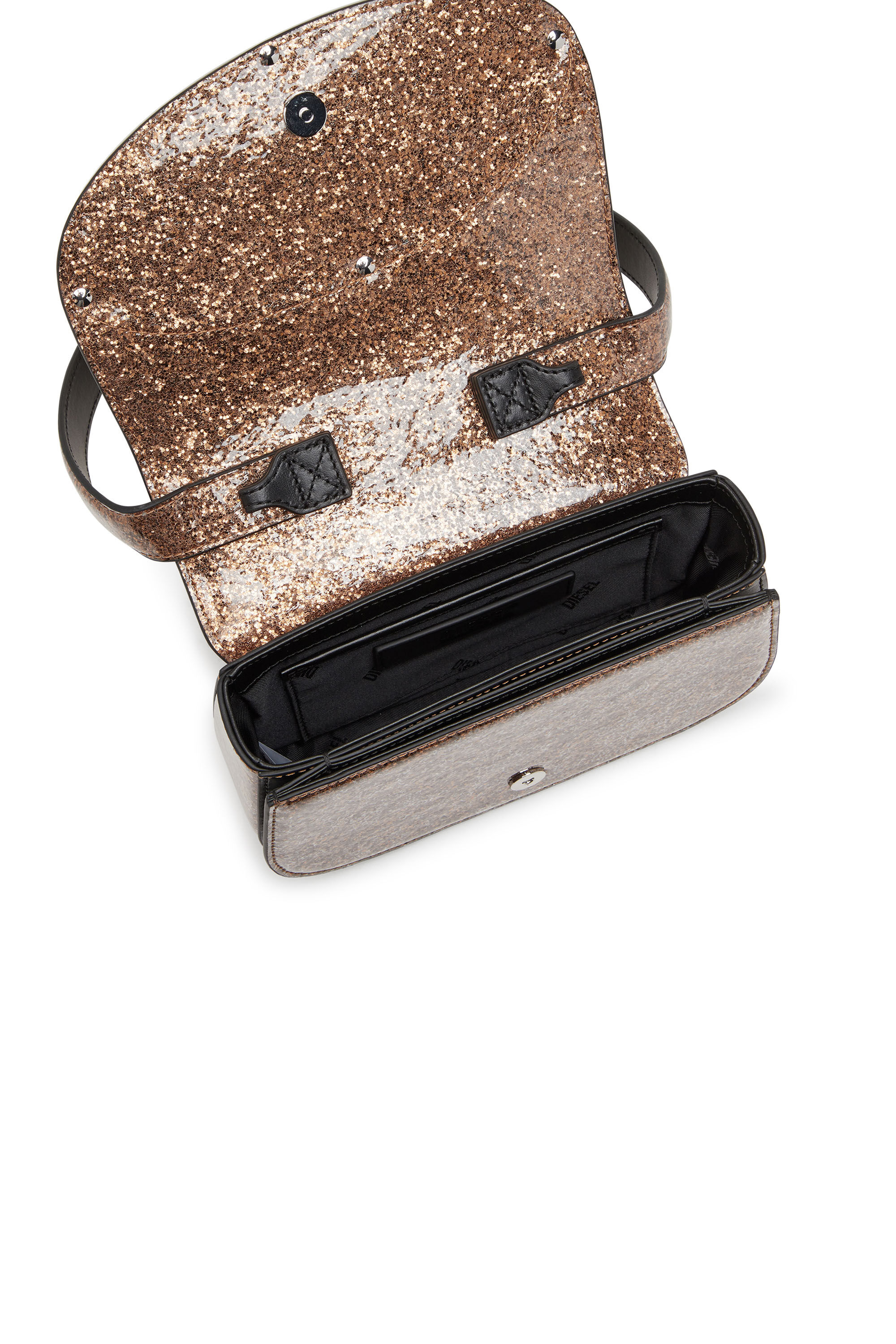 Women's 1DR-Iconic shoulder bag with macro glitter | Brown
