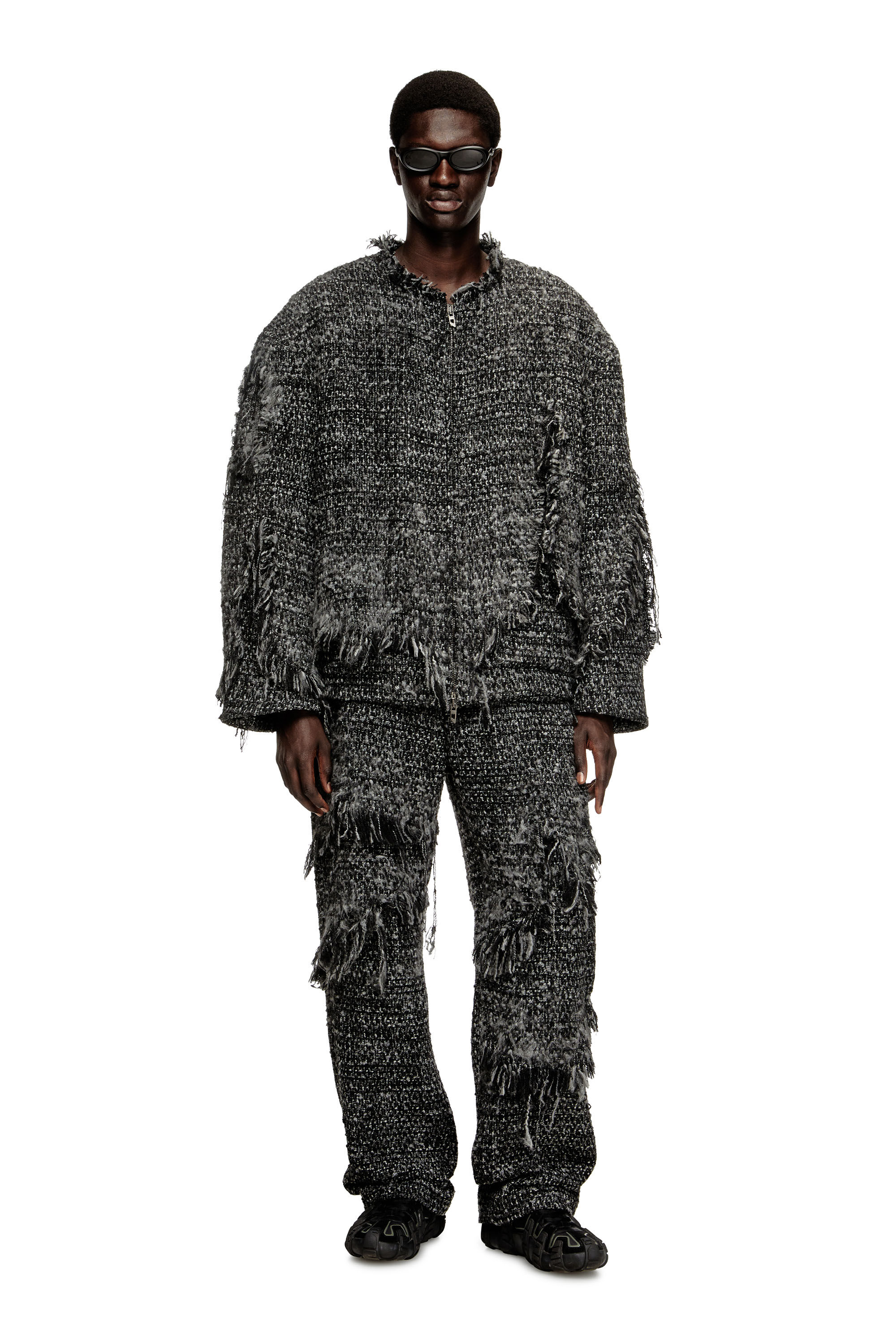Diesel - J-ABERDEEN, Man's Layered jacket in destroyed bouclé in Black - 1