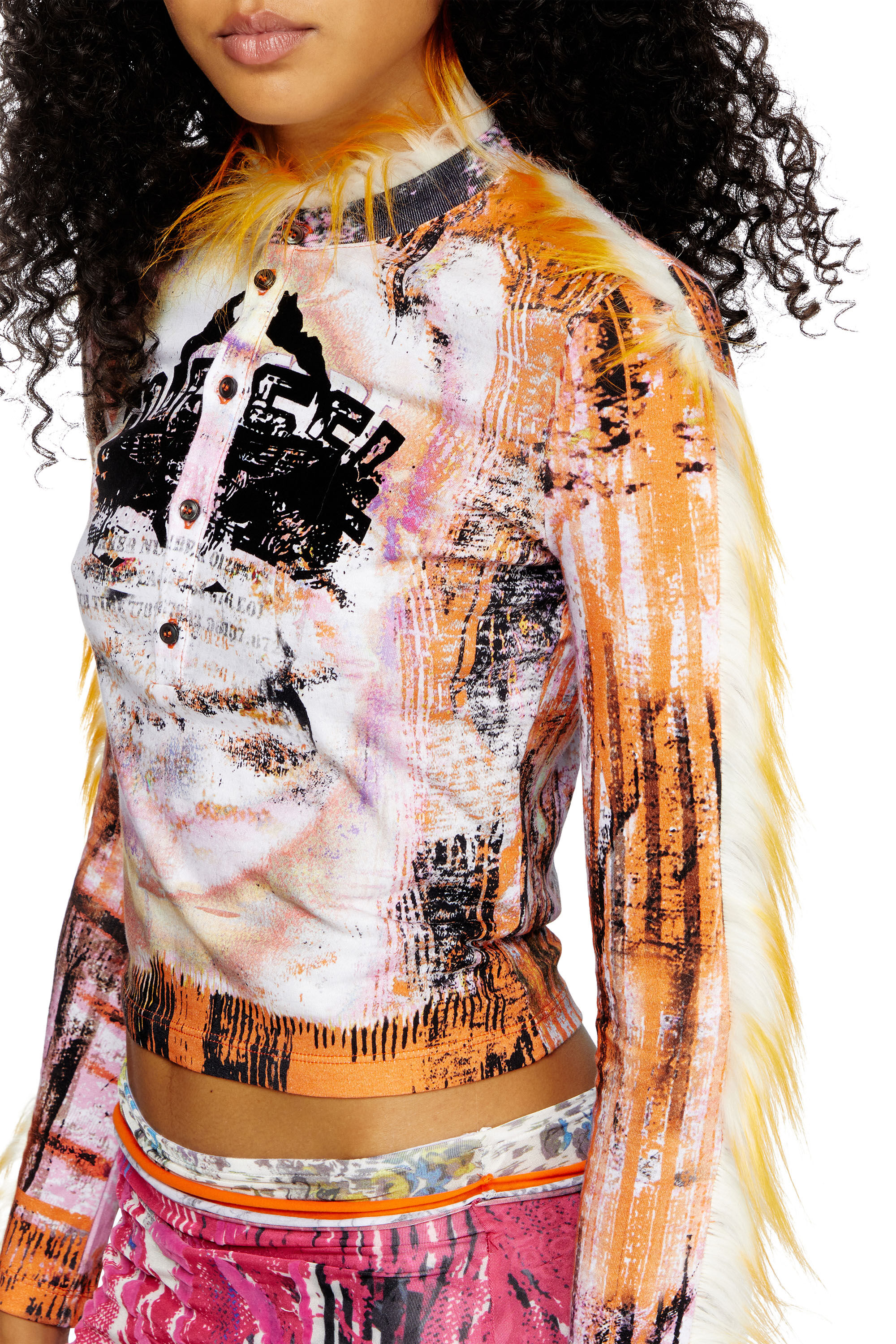 Diesel - T-ASTRIS, Woman's Cropped Henley top with fuzzy trims in White/Orange - 4