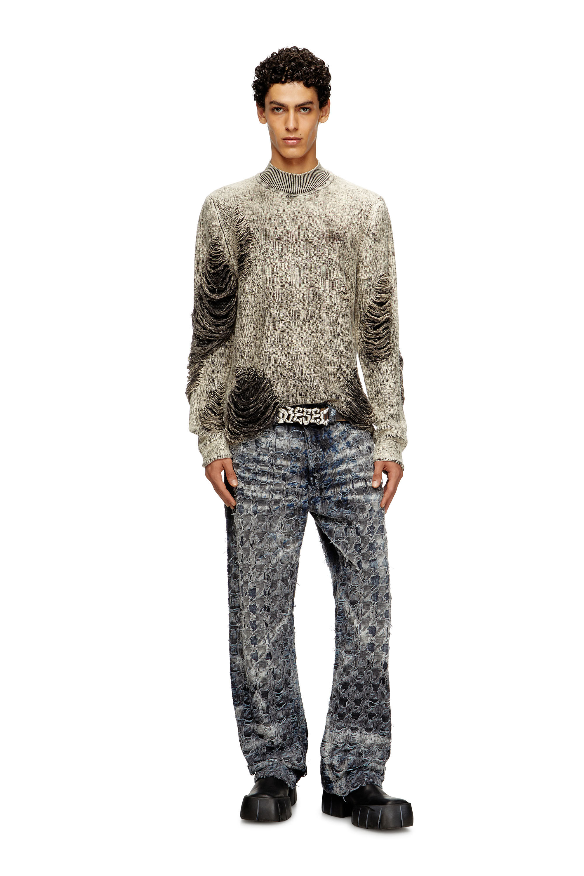 Diesel - K-FJORDI, Man's Destroyed jumper with floating yarns in Grey - 1