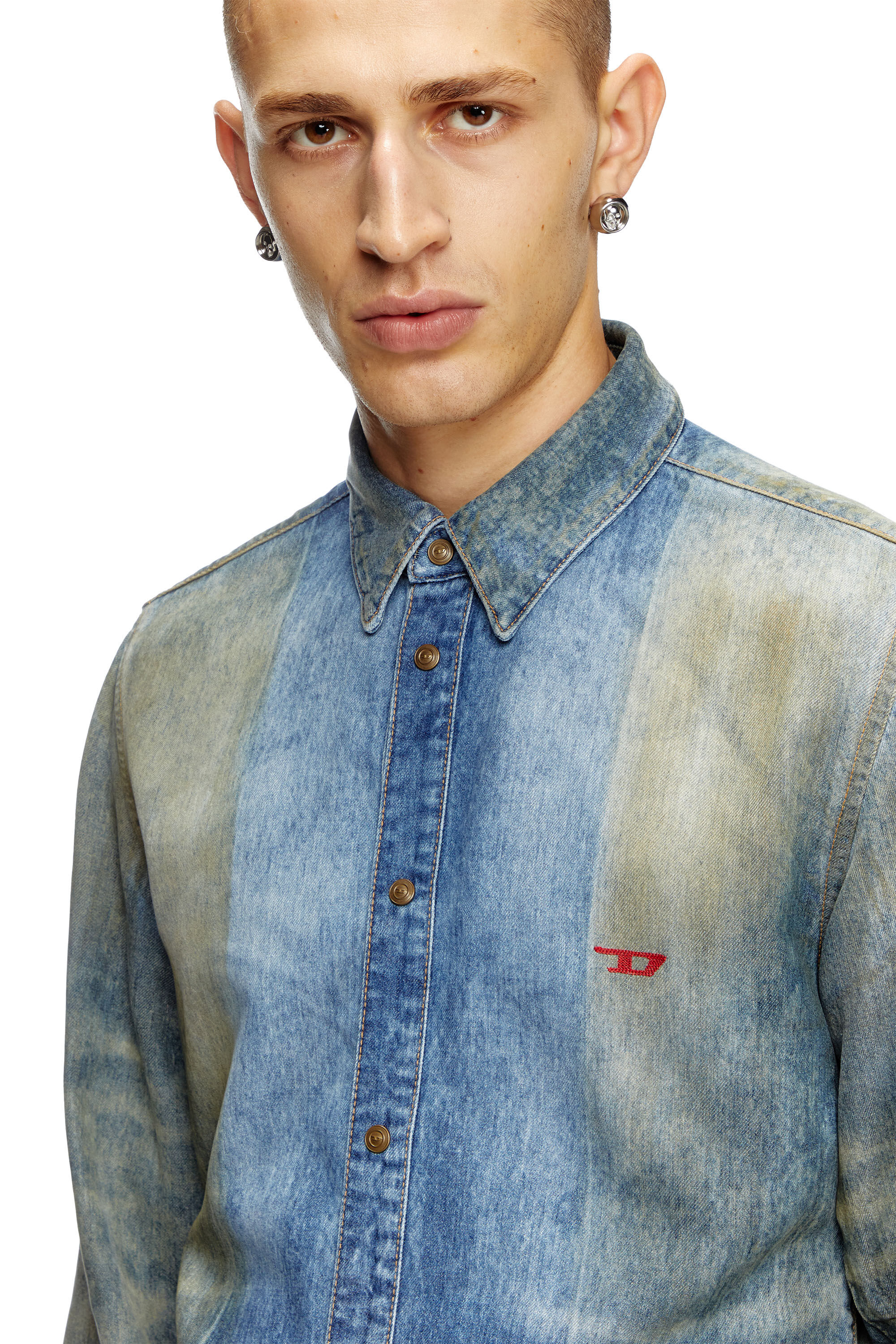 【SCENERITY】Farrell denim short sleeve shirt Men's Denim shirt with solarised folds | Blue | Diesel