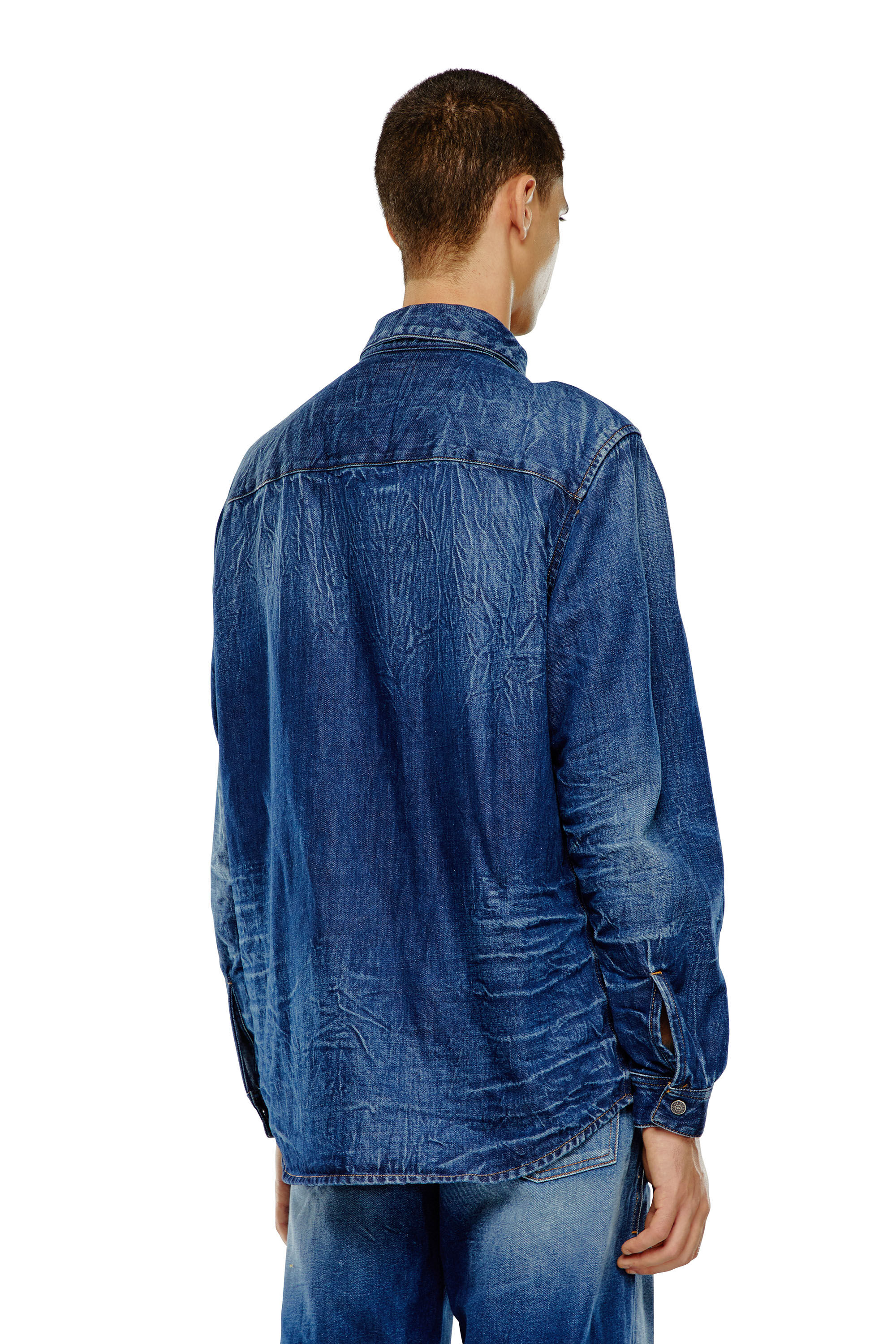 Men s Stretch denim shirt with 3D whiskers Blue Diesel